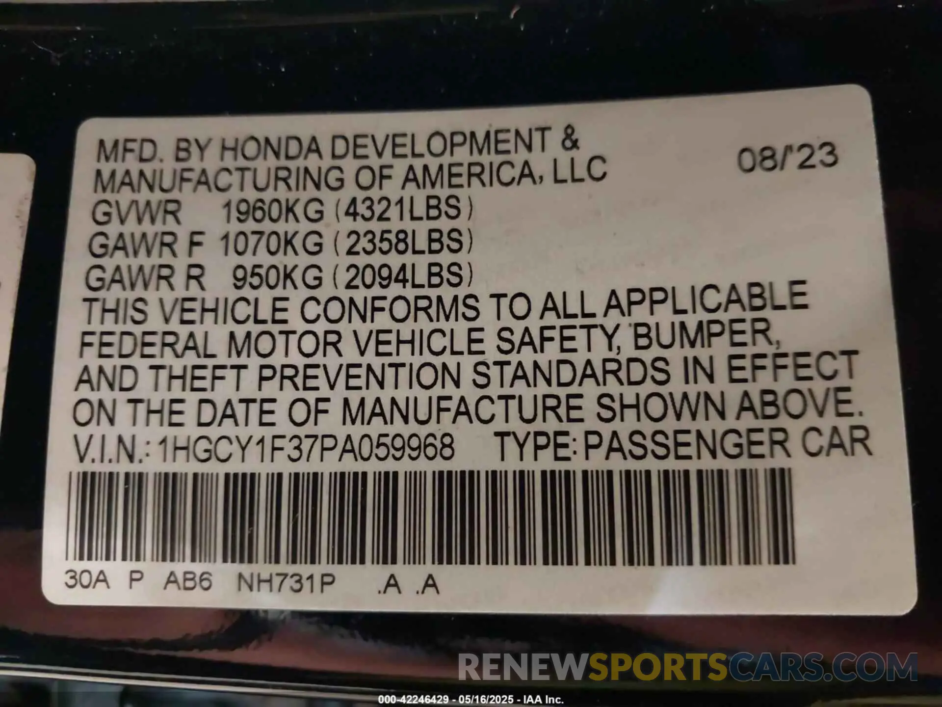 9 Photograph of a damaged car 1HGCY1F37PA059968 HONDA ACCORD 2023