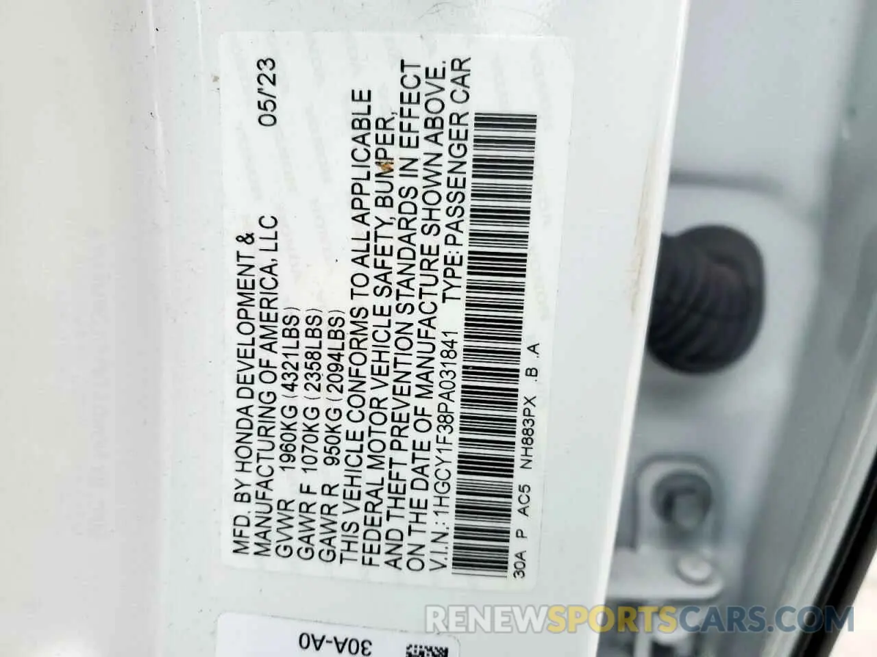 13 Photograph of a damaged car 1HGCY1F38PA031841 HONDA ACCORD 2023