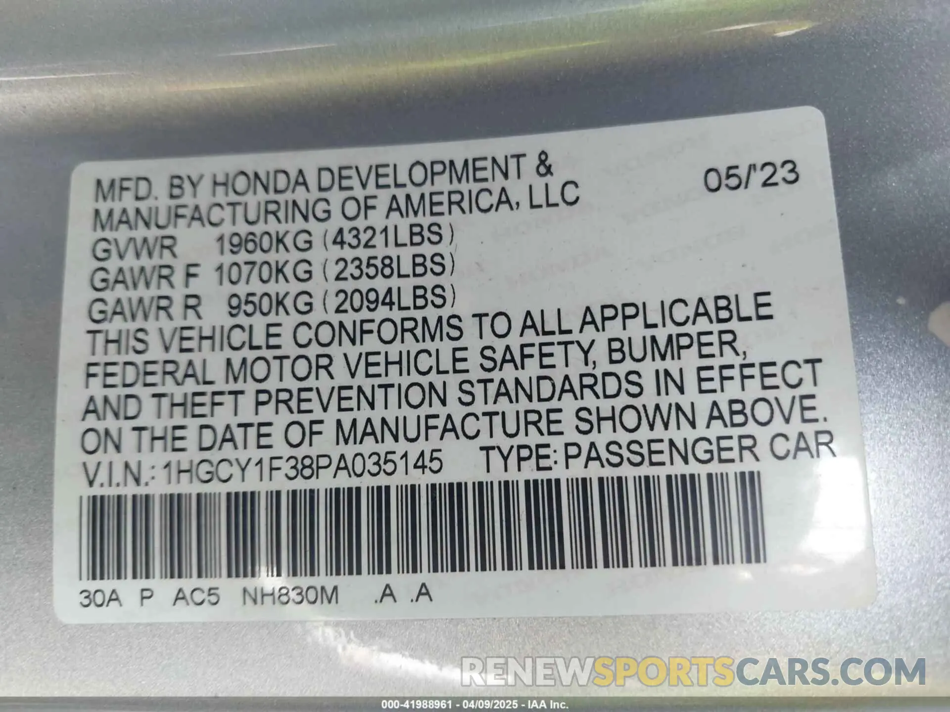 9 Photograph of a damaged car 1HGCY1F38PA035145 HONDA ACCORD 2023