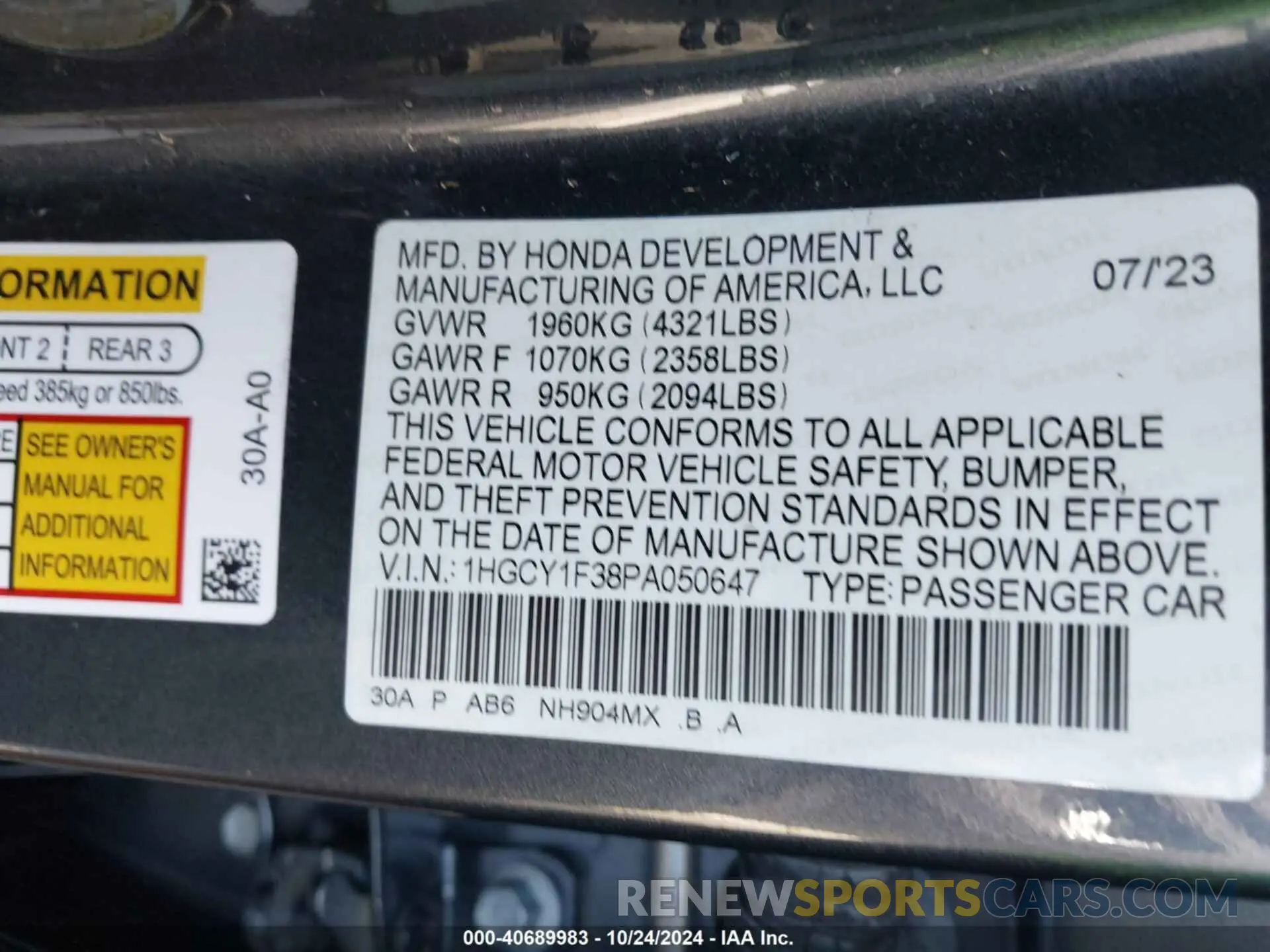 9 Photograph of a damaged car 1HGCY1F38PA050647 HONDA ACCORD 2023