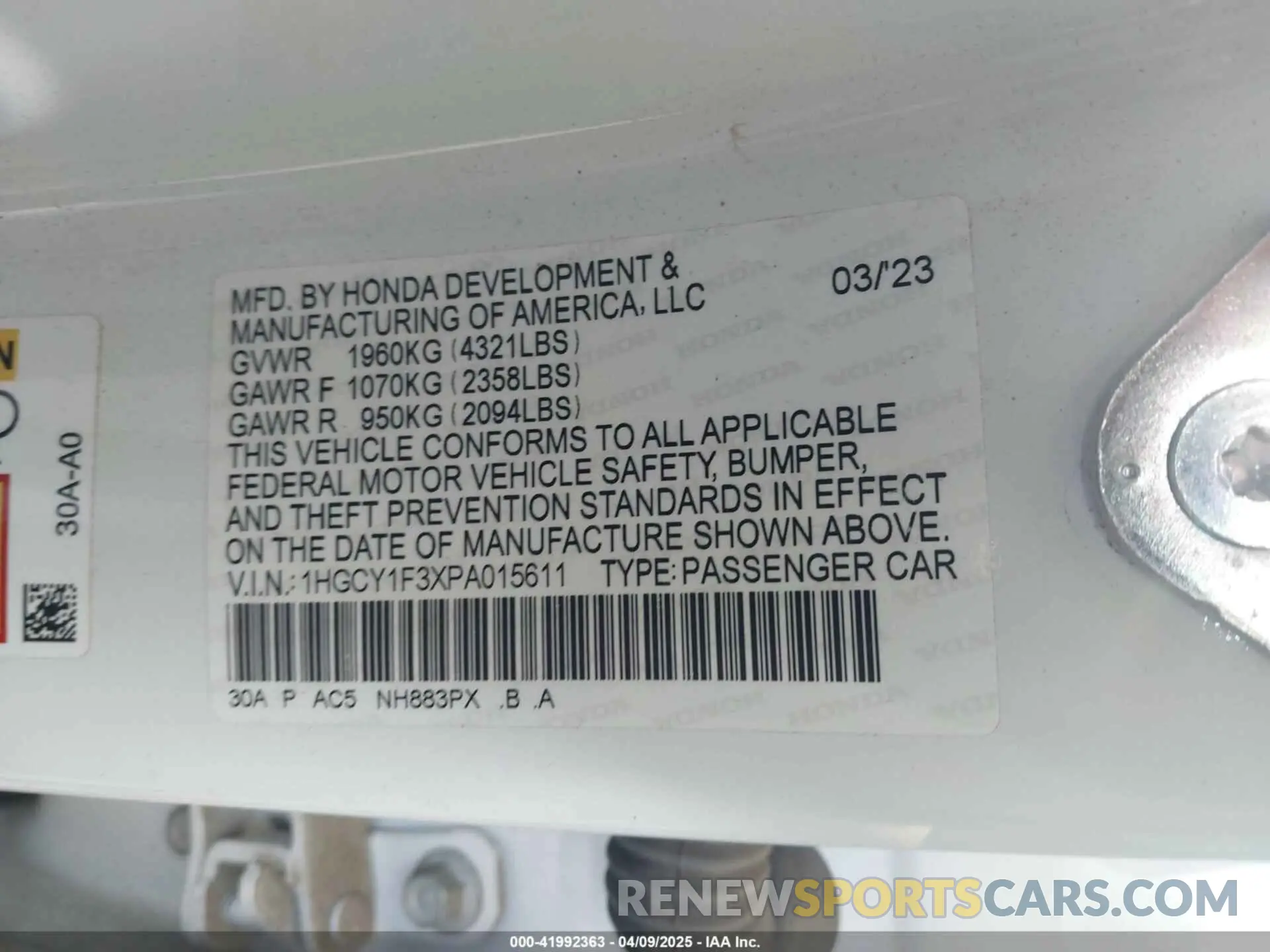 9 Photograph of a damaged car 1HGCY1F3XPA015611 HONDA ACCORD 2023