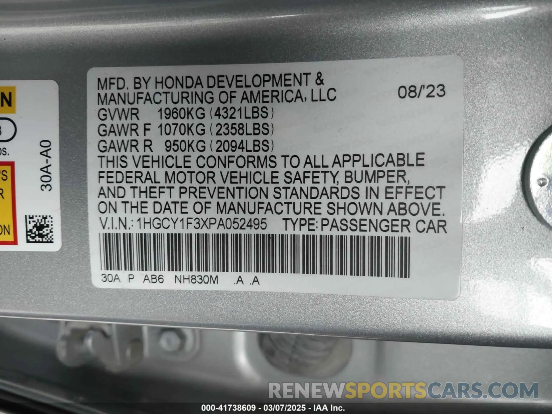 9 Photograph of a damaged car 1HGCY1F3XPA052495 HONDA ACCORD 2023