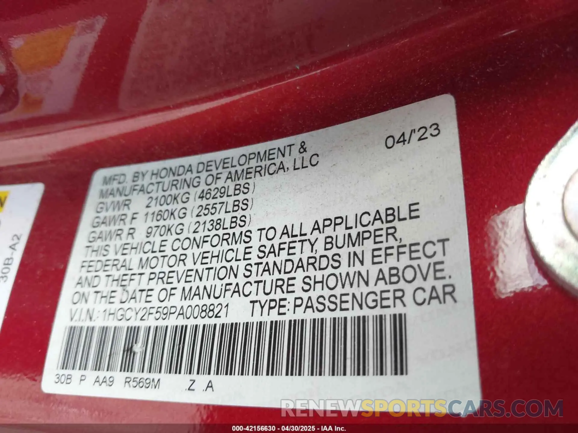 9 Photograph of a damaged car 1HGCY2F59PA008821 HONDA ACCORD 2023