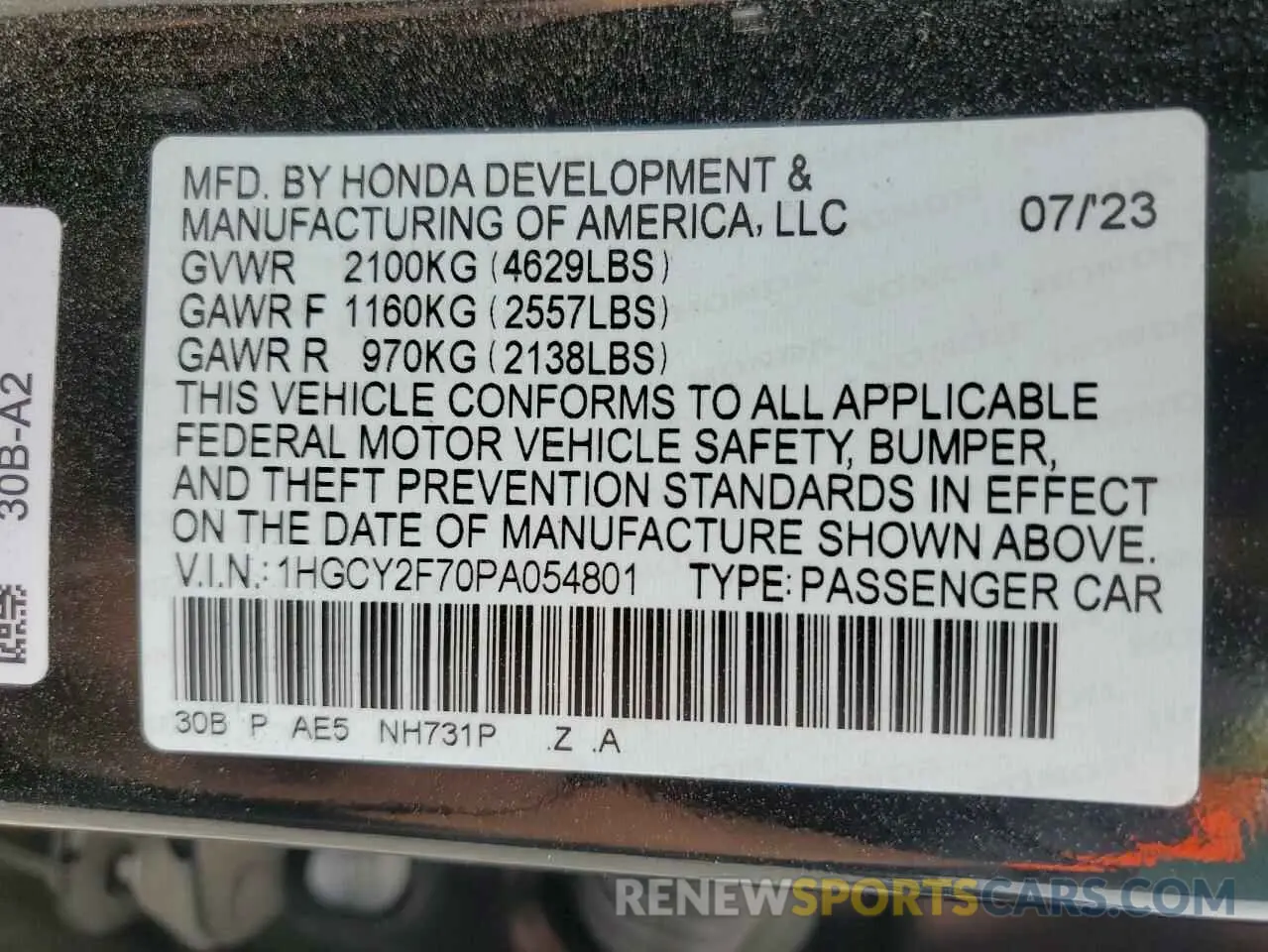 15 Photograph of a damaged car 1HGCY2F70PA054801 HONDA ACCORD 2023