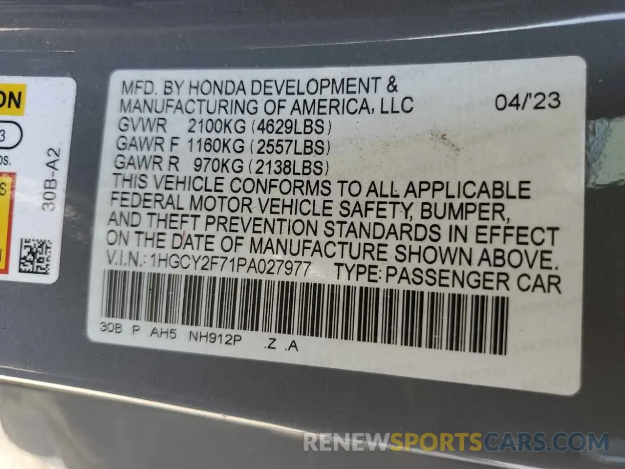 12 Photograph of a damaged car 1HGCY2F71PA027977 HONDA ACCORD 2023