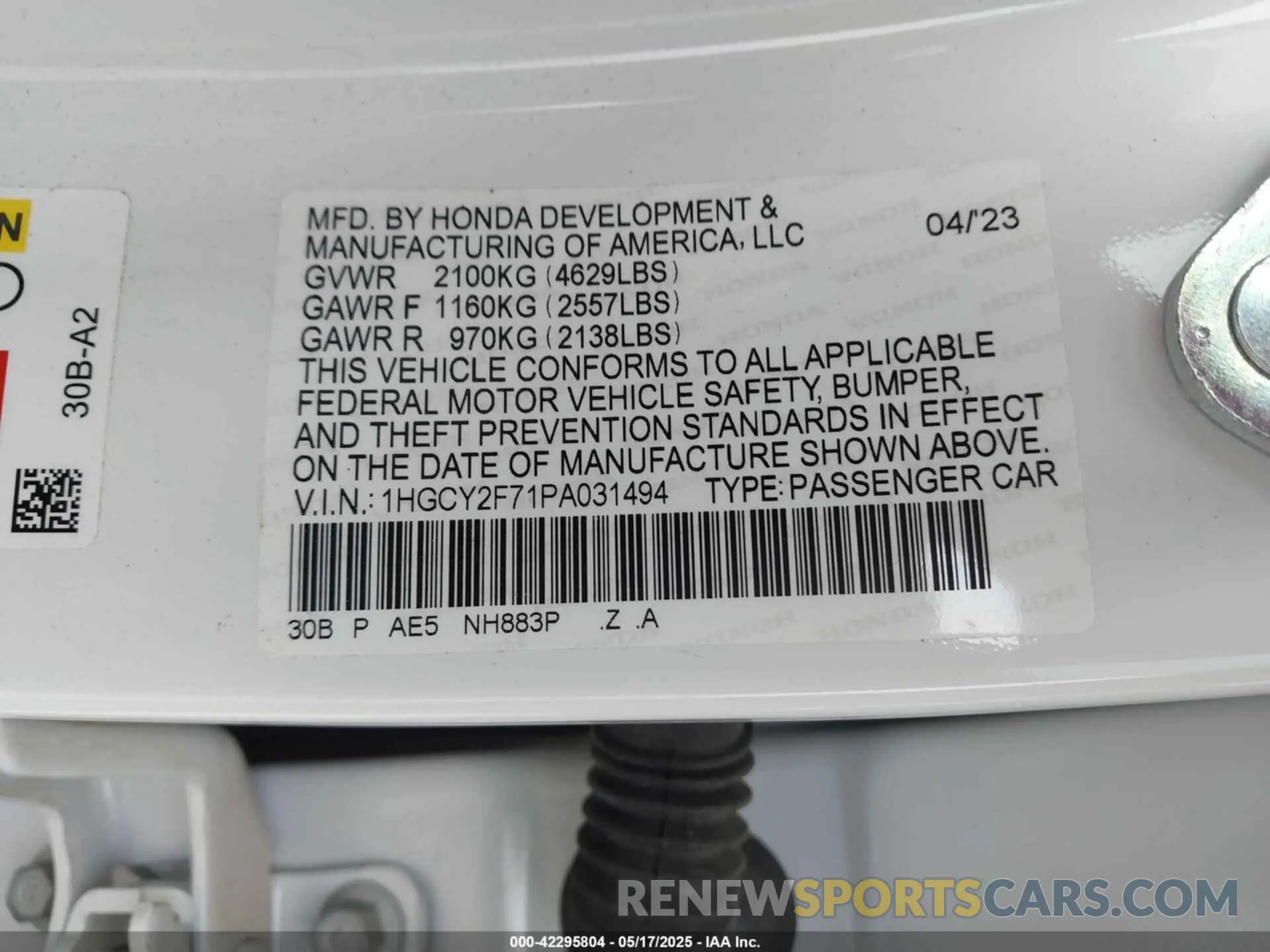 9 Photograph of a damaged car 1HGCY2F71PA031494 HONDA ACCORD 2023