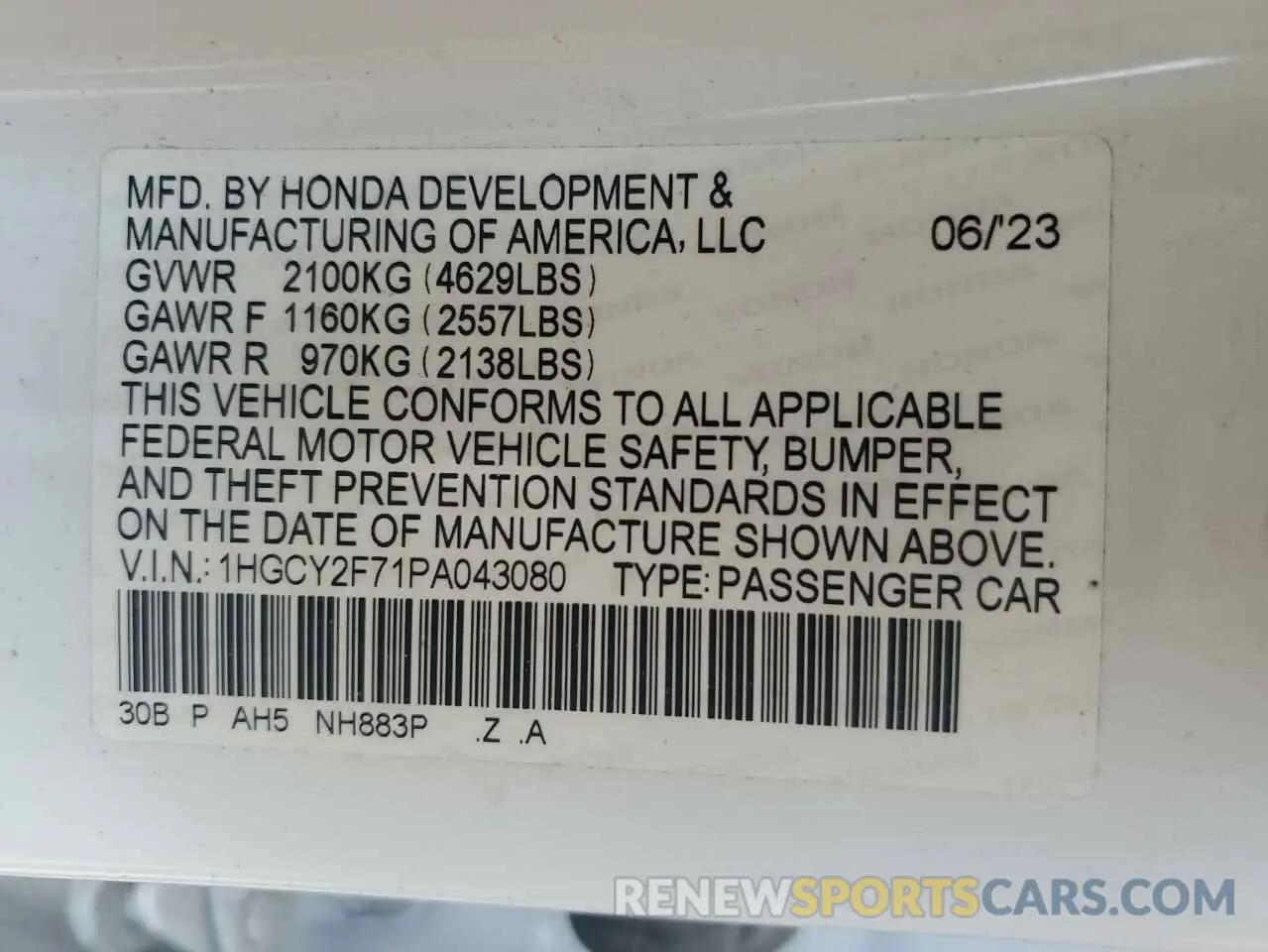 13 Photograph of a damaged car 1HGCY2F71PA043080 HONDA ACCORD 2023