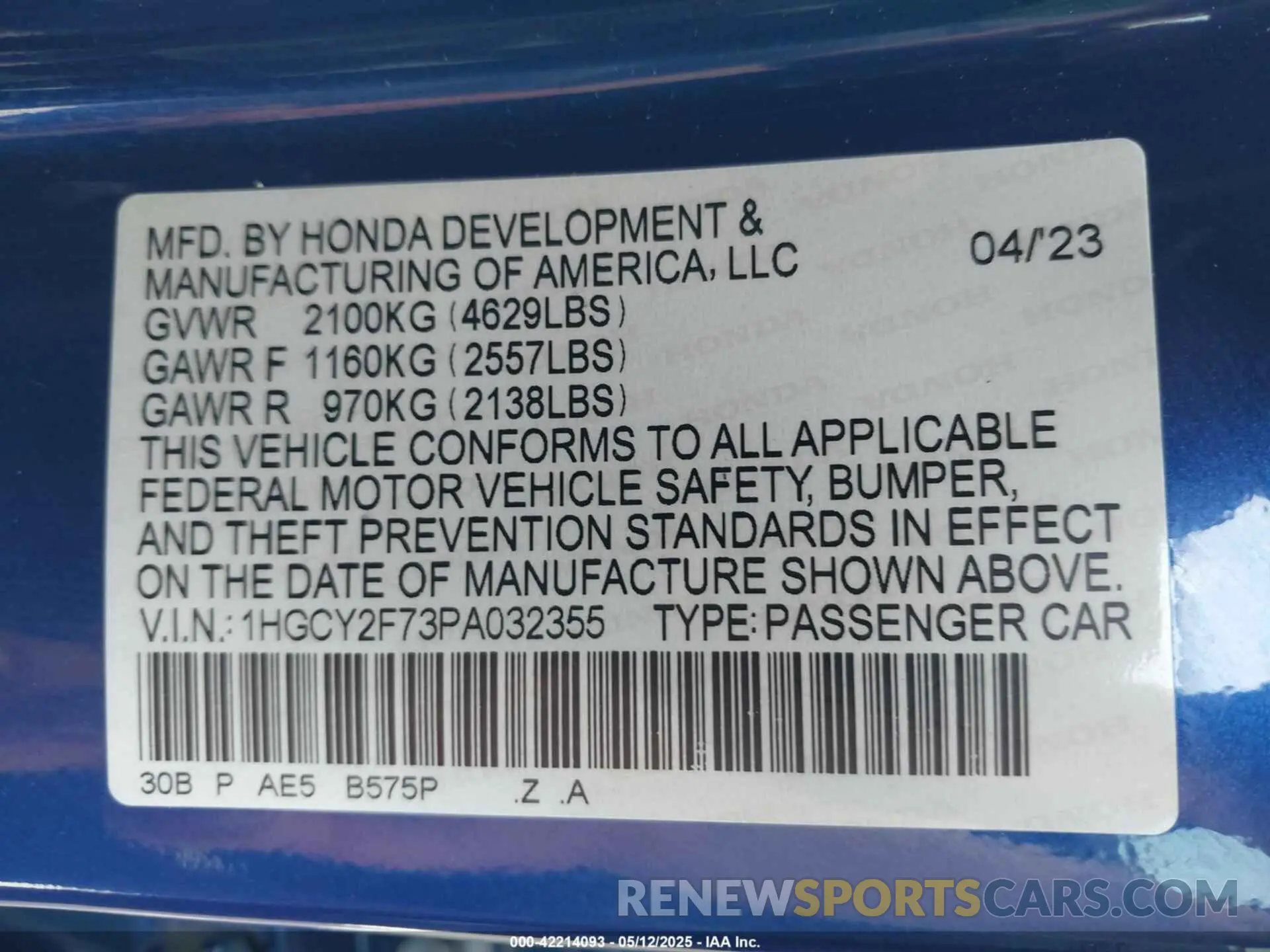 9 Photograph of a damaged car 1HGCY2F73PA032355 HONDA ACCORD 2023