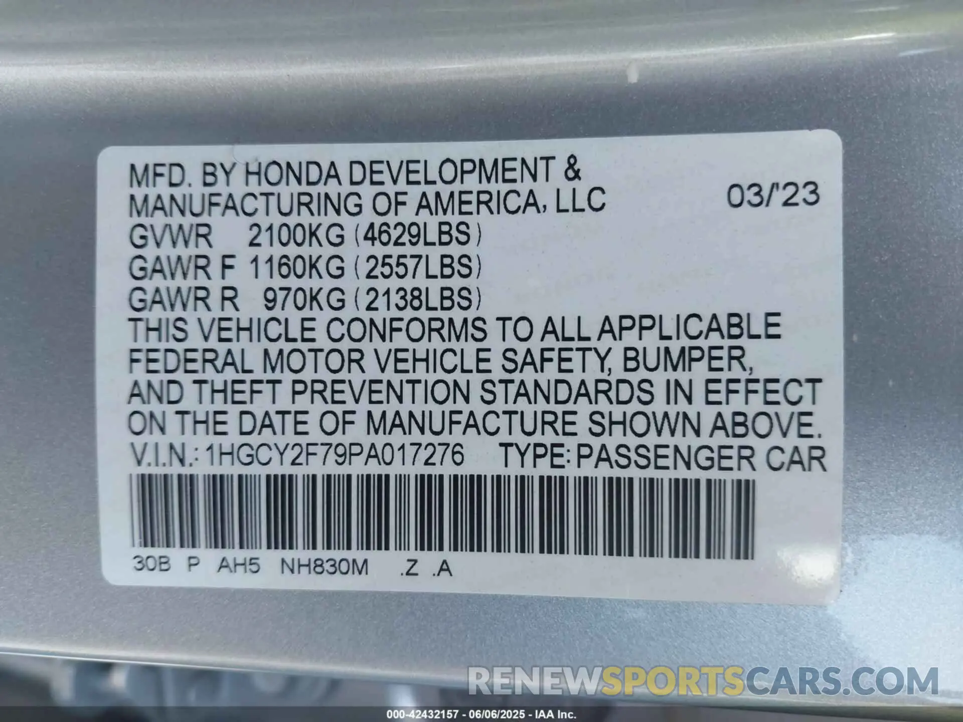 9 Photograph of a damaged car 1HGCY2F79PA017276 HONDA ACCORD 2023
