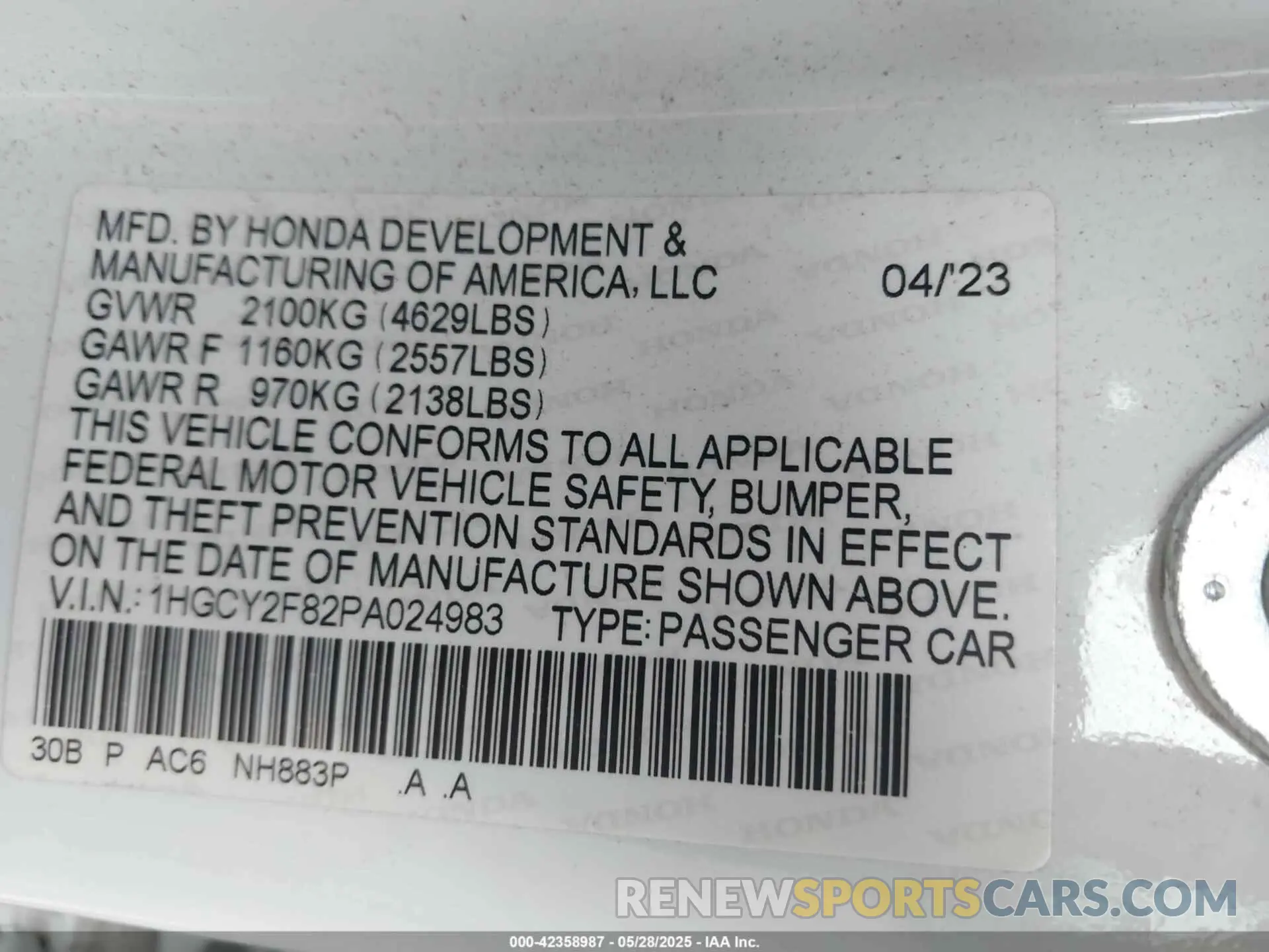 9 Photograph of a damaged car 1HGCY2F82PA024983 HONDA ACCORD 2023