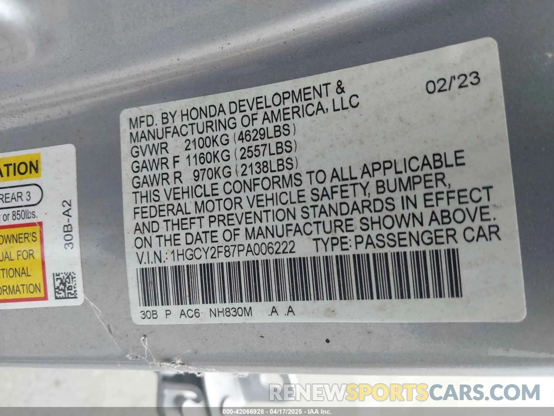 9 Photograph of a damaged car 1HGCY2F87PA006222 HONDA ACCORD 2023
