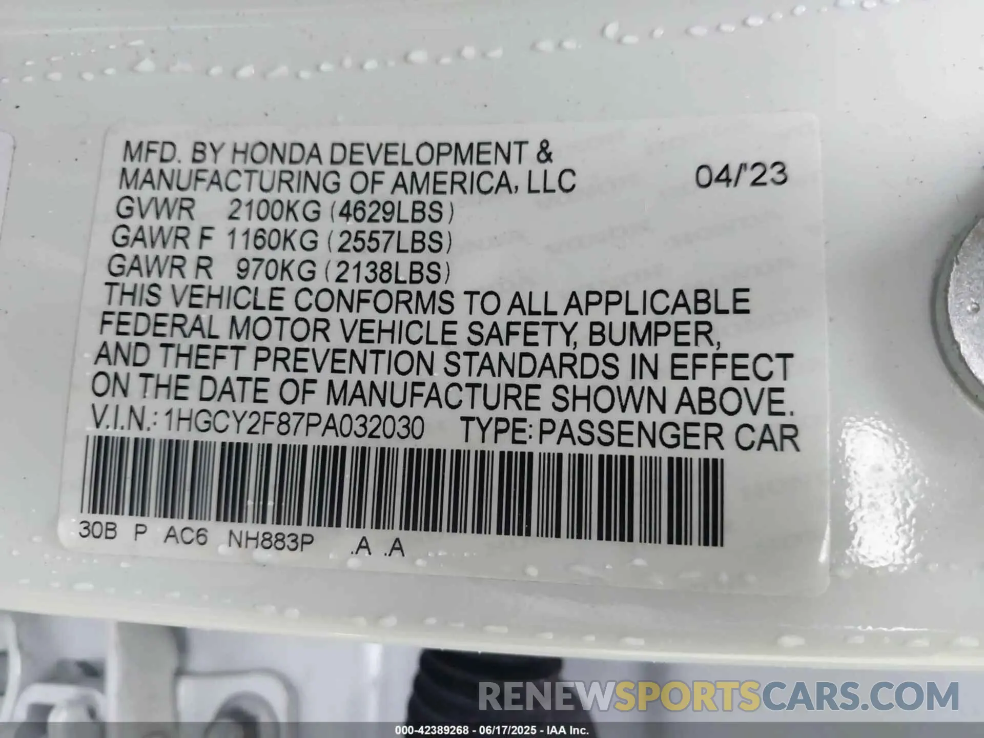 9 Photograph of a damaged car 1HGCY2F87PA032030 HONDA ACCORD 2023