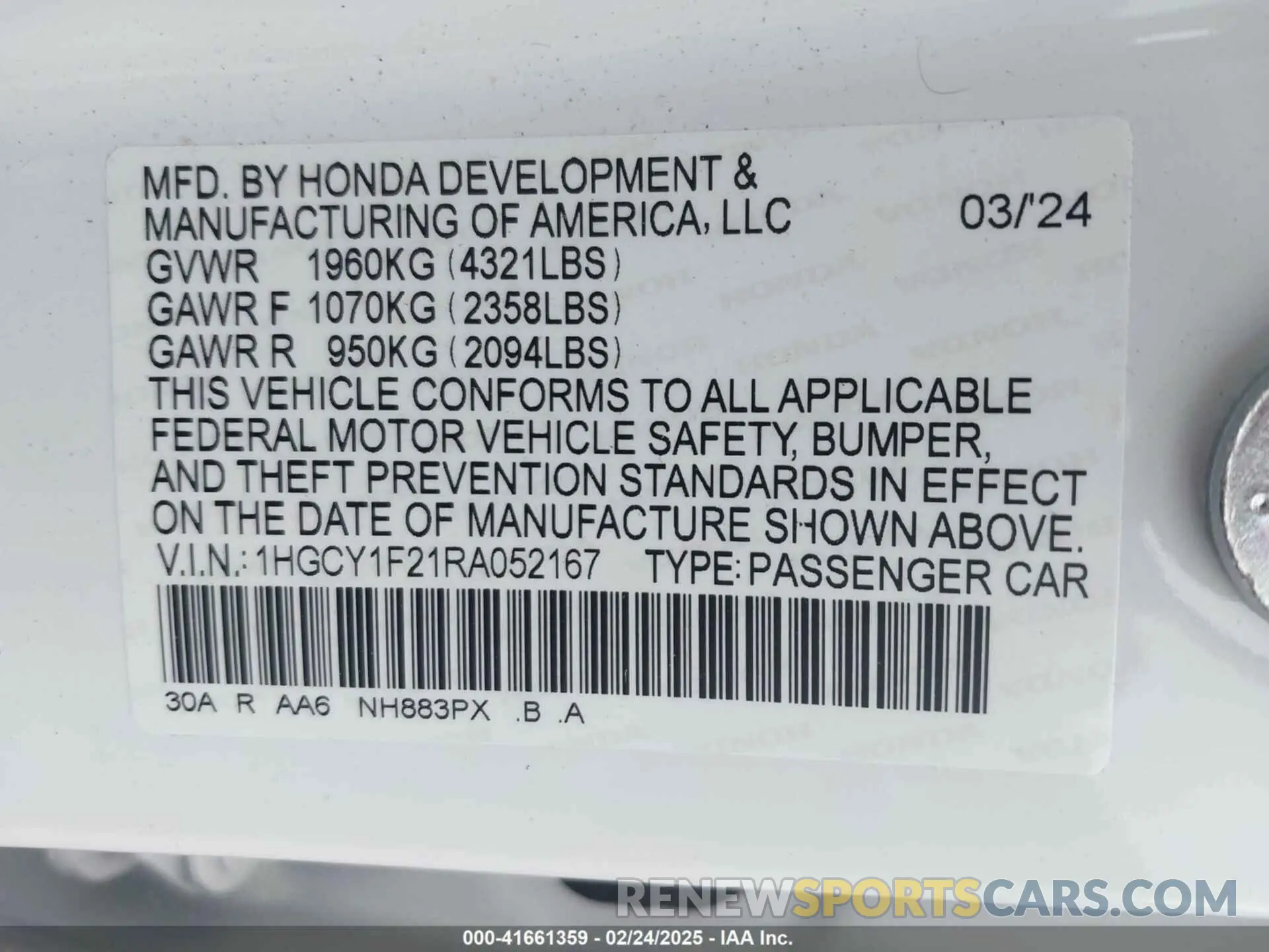 9 Photograph of a damaged car 1HGCY1F21RA052167 HONDA ACCORD 2024