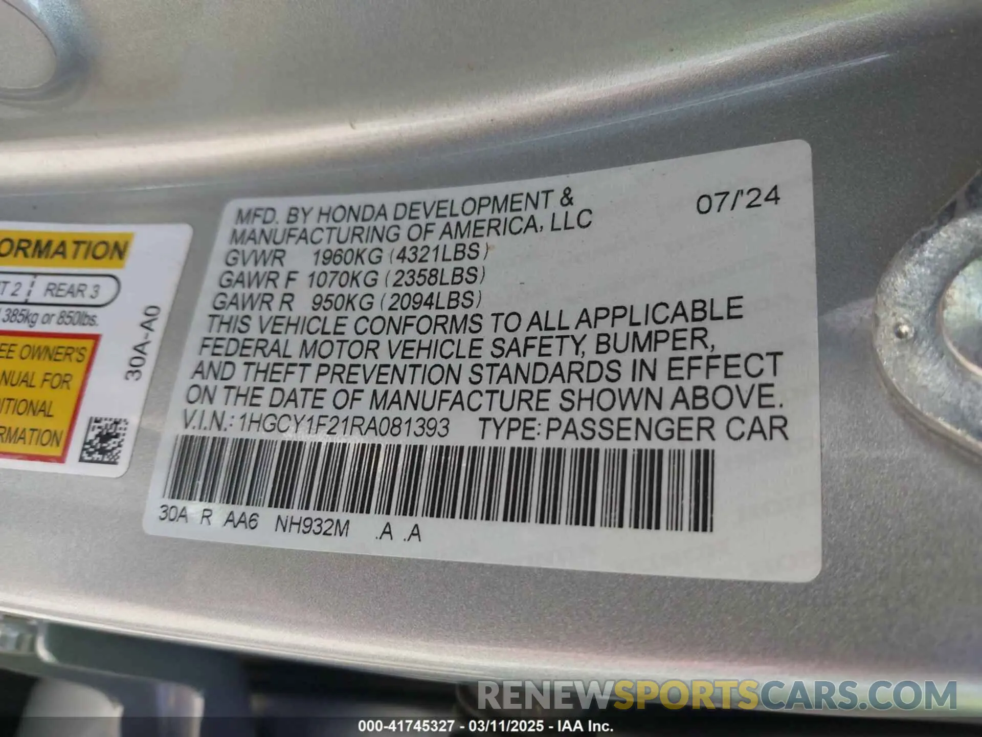 9 Photograph of a damaged car 1HGCY1F21RA081393 HONDA ACCORD 2024