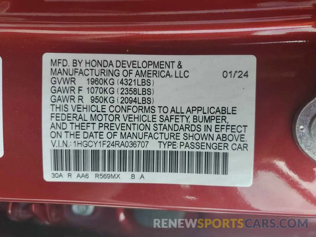 12 Photograph of a damaged car 1HGCY1F24RA036707 HONDA ACCORD 2024