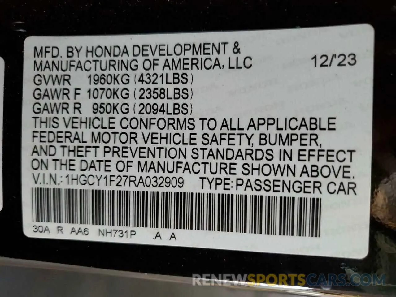14 Photograph of a damaged car 1HGCY1F27RA032909 HONDA ACCORD 2024