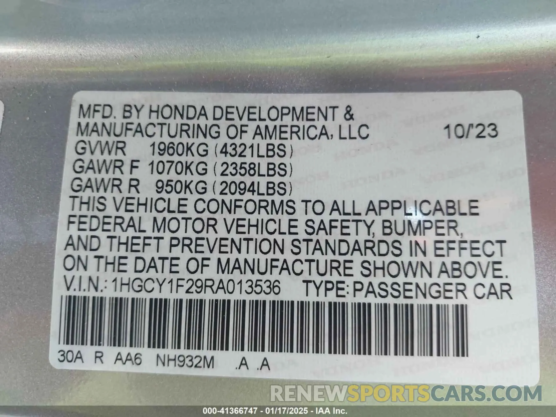 9 Photograph of a damaged car 1HGCY1F29RA013536 HONDA ACCORD 2024