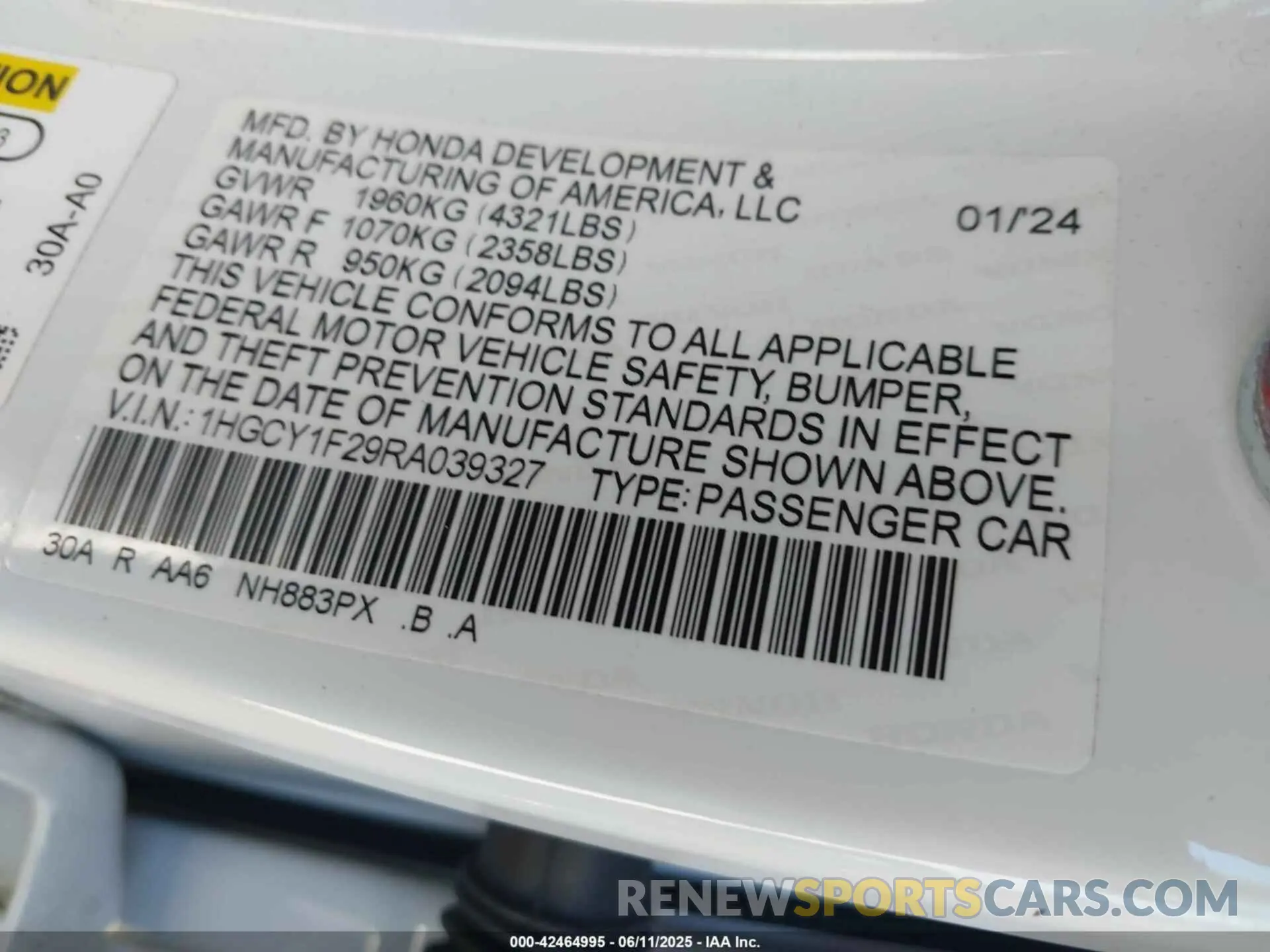 9 Photograph of a damaged car 1HGCY1F29RA039327 HONDA ACCORD 2024