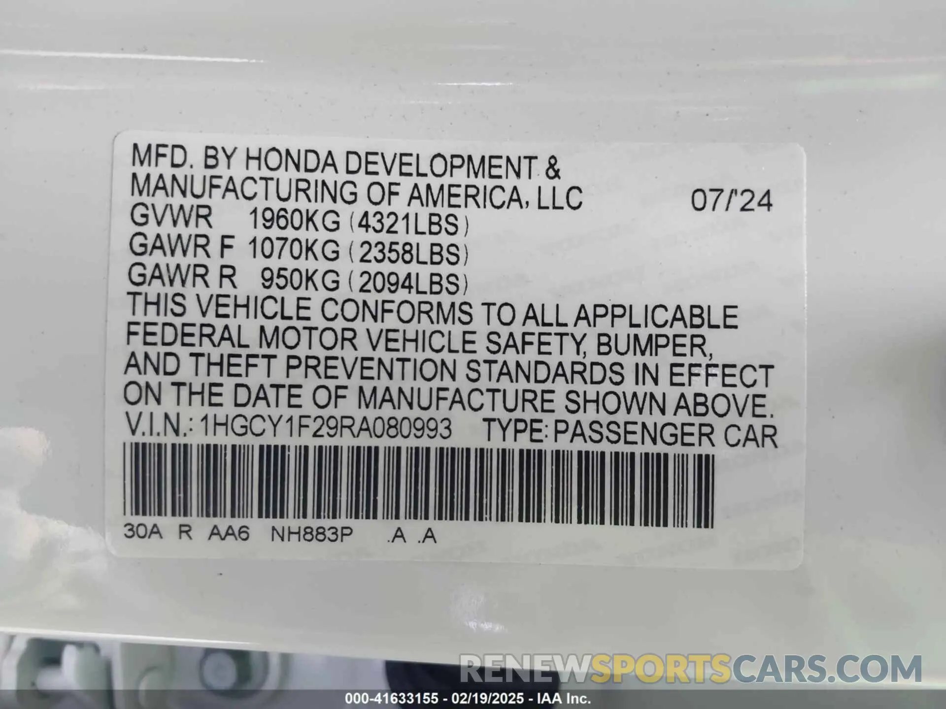 9 Photograph of a damaged car 1HGCY1F29RA080993 HONDA ACCORD 2024