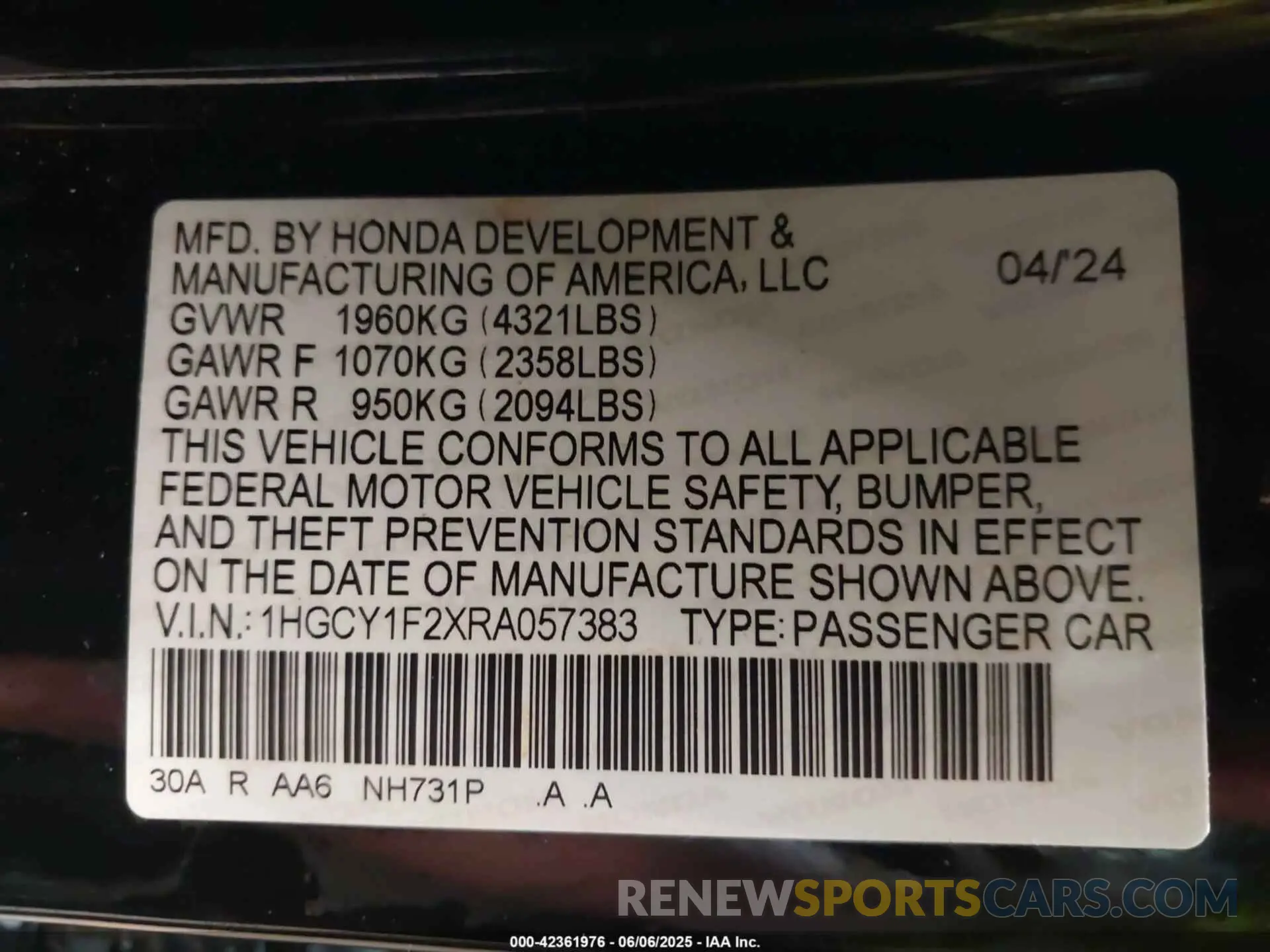 9 Photograph of a damaged car 1HGCY1F2XRA057383 HONDA ACCORD 2024