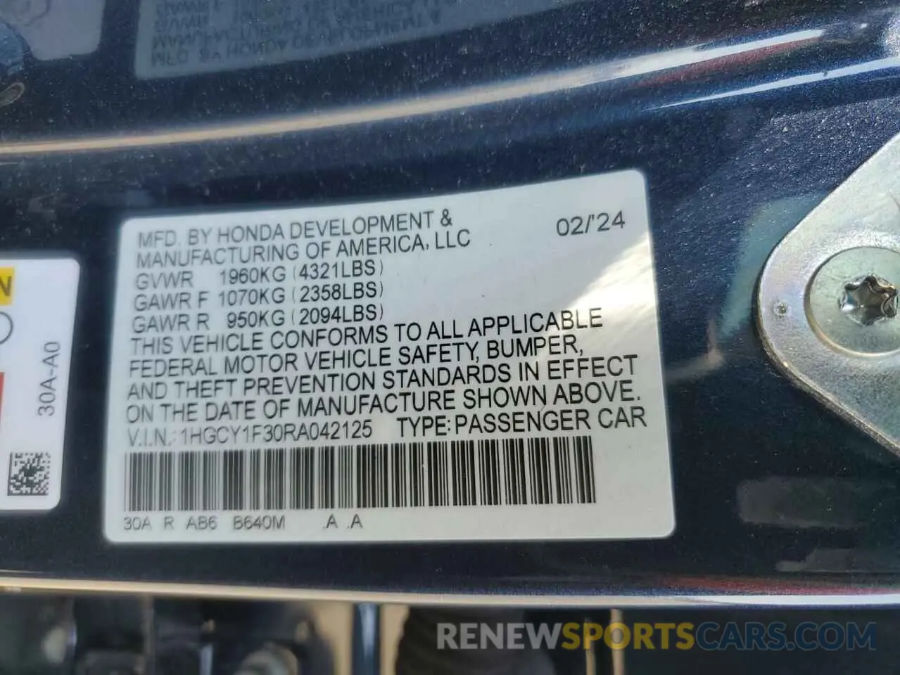 13 Photograph of a damaged car 1HGCY1F30RA042125 HONDA ACCORD 2024