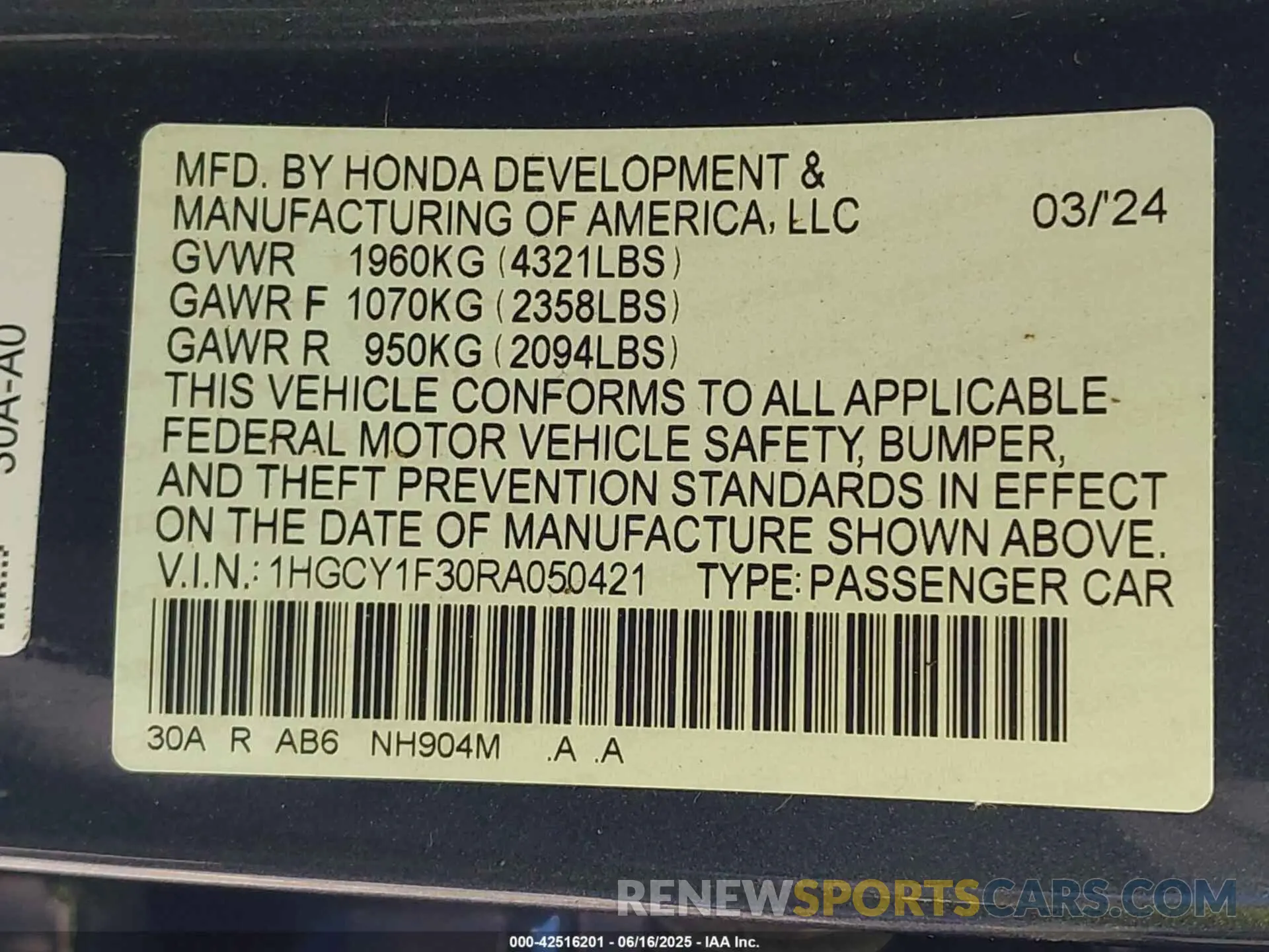 9 Photograph of a damaged car 1HGCY1F30RA050421 HONDA ACCORD 2024