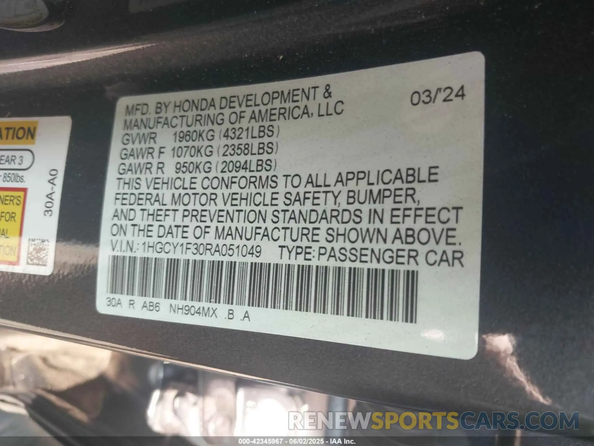 9 Photograph of a damaged car 1HGCY1F30RA051049 HONDA ACCORD 2024