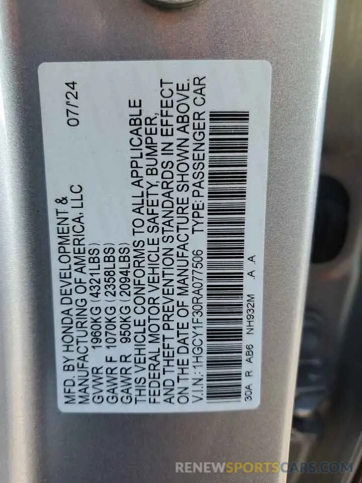 12 Photograph of a damaged car 1HGCY1F30RA077506 HONDA ACCORD 2024