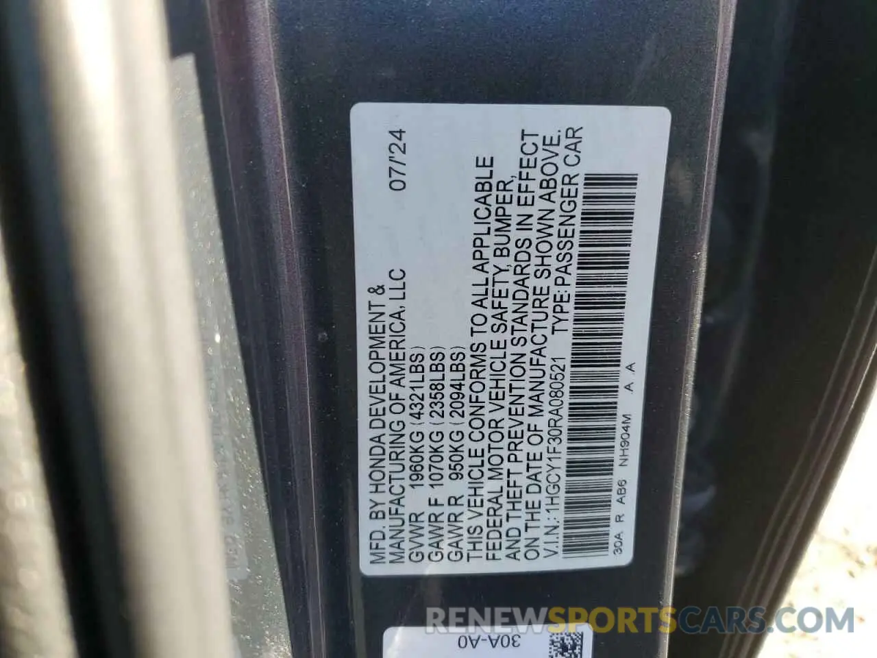 14 Photograph of a damaged car 1HGCY1F30RA080521 HONDA ACCORD 2024