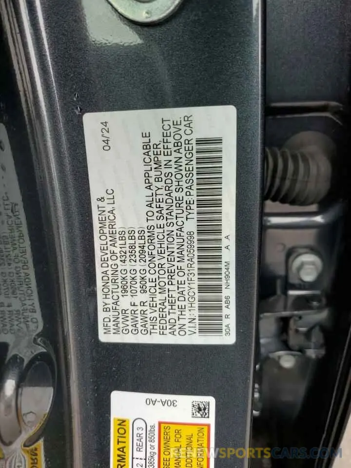 12 Photograph of a damaged car 1HGCY1F31RA059998 HONDA ACCORD 2024