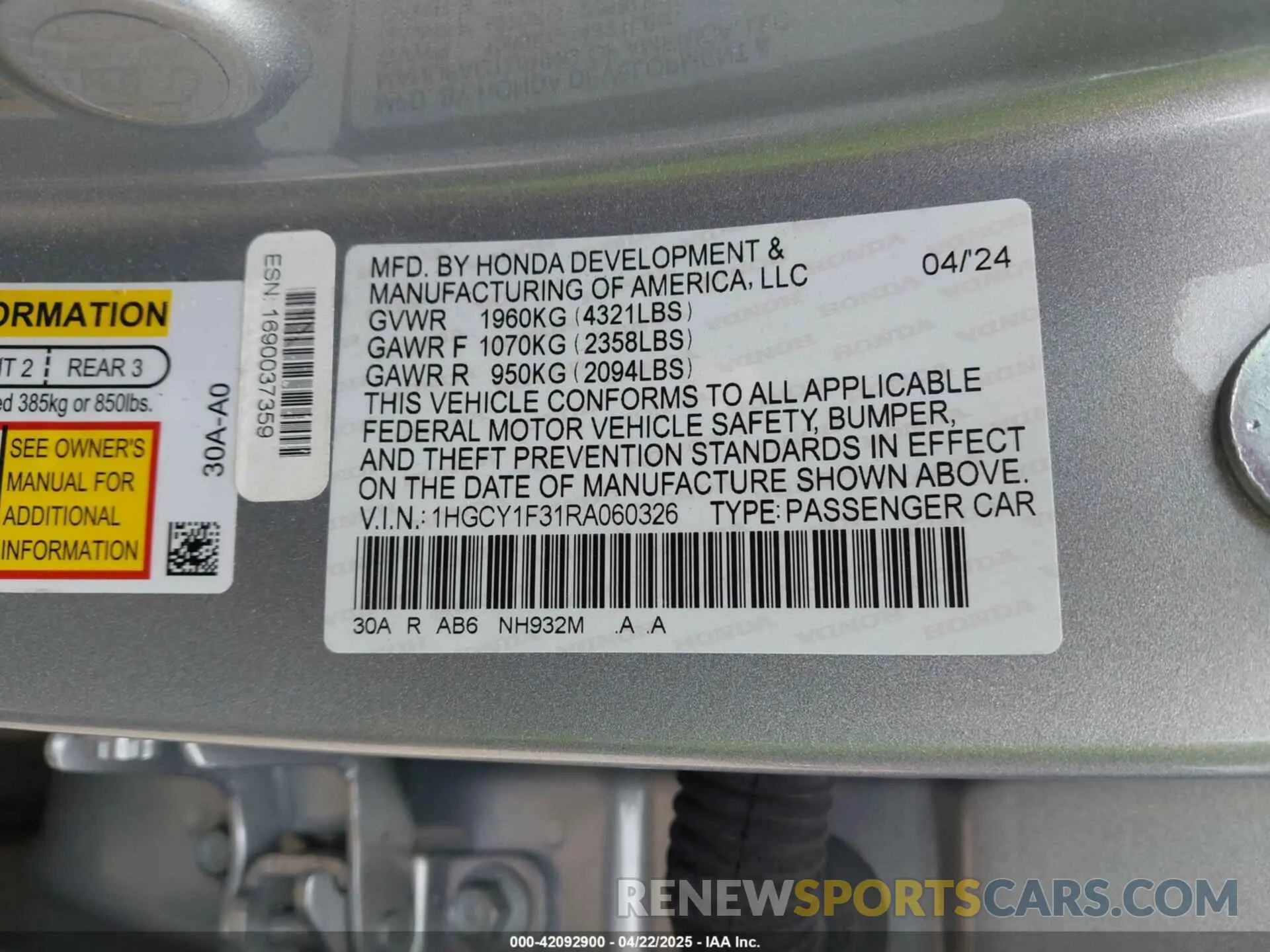 9 Photograph of a damaged car 1HGCY1F31RA060326 HONDA ACCORD 2024