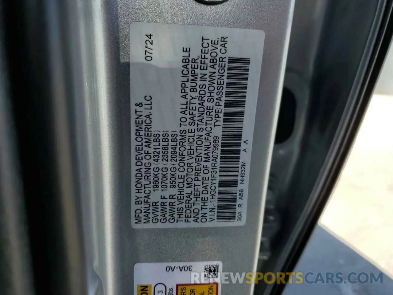 13 Photograph of a damaged car 1HGCY1F31RA079989 HONDA ACCORD 2024