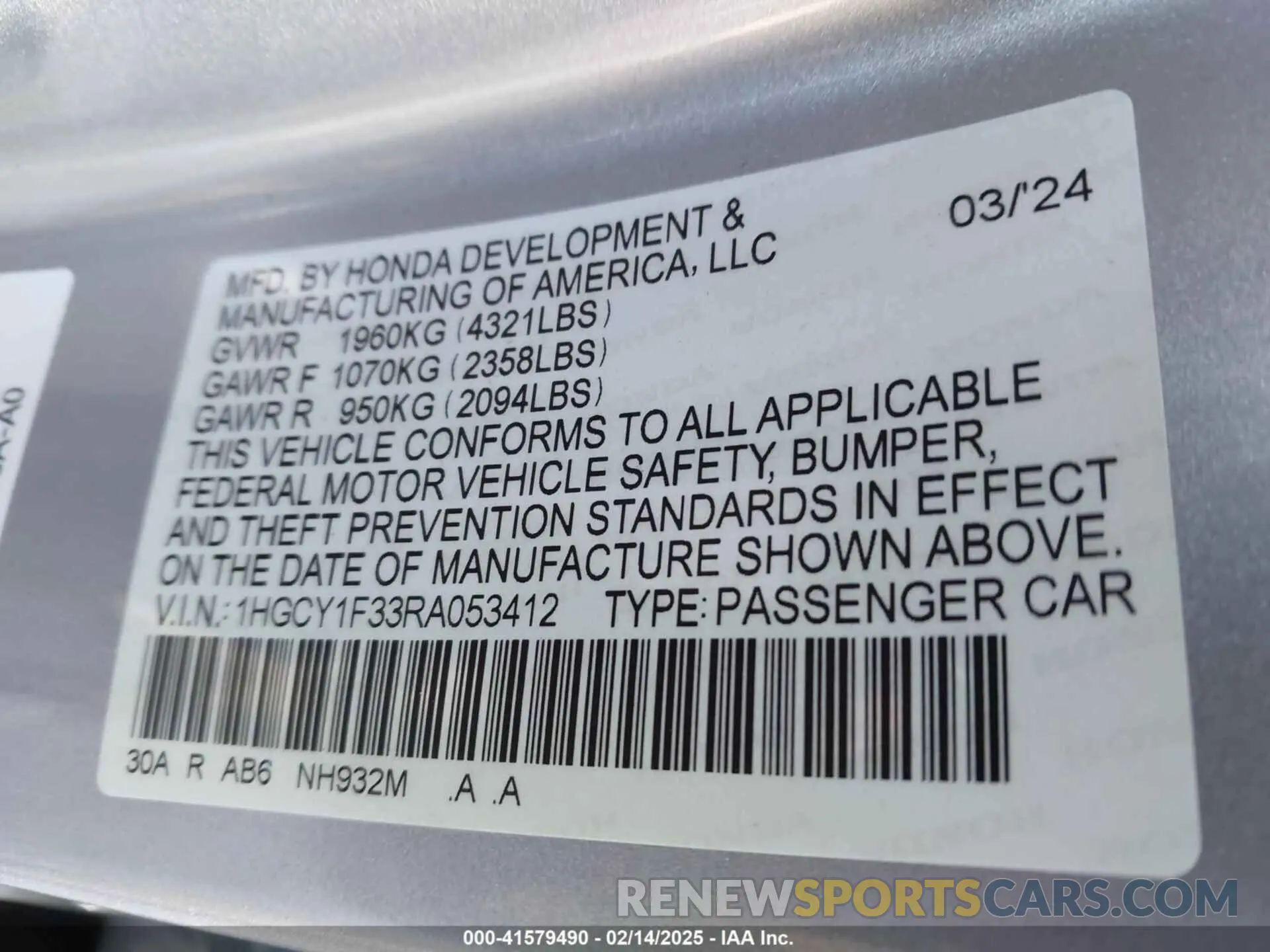 9 Photograph of a damaged car 1HGCY1F33RA053412 HONDA ACCORD 2024