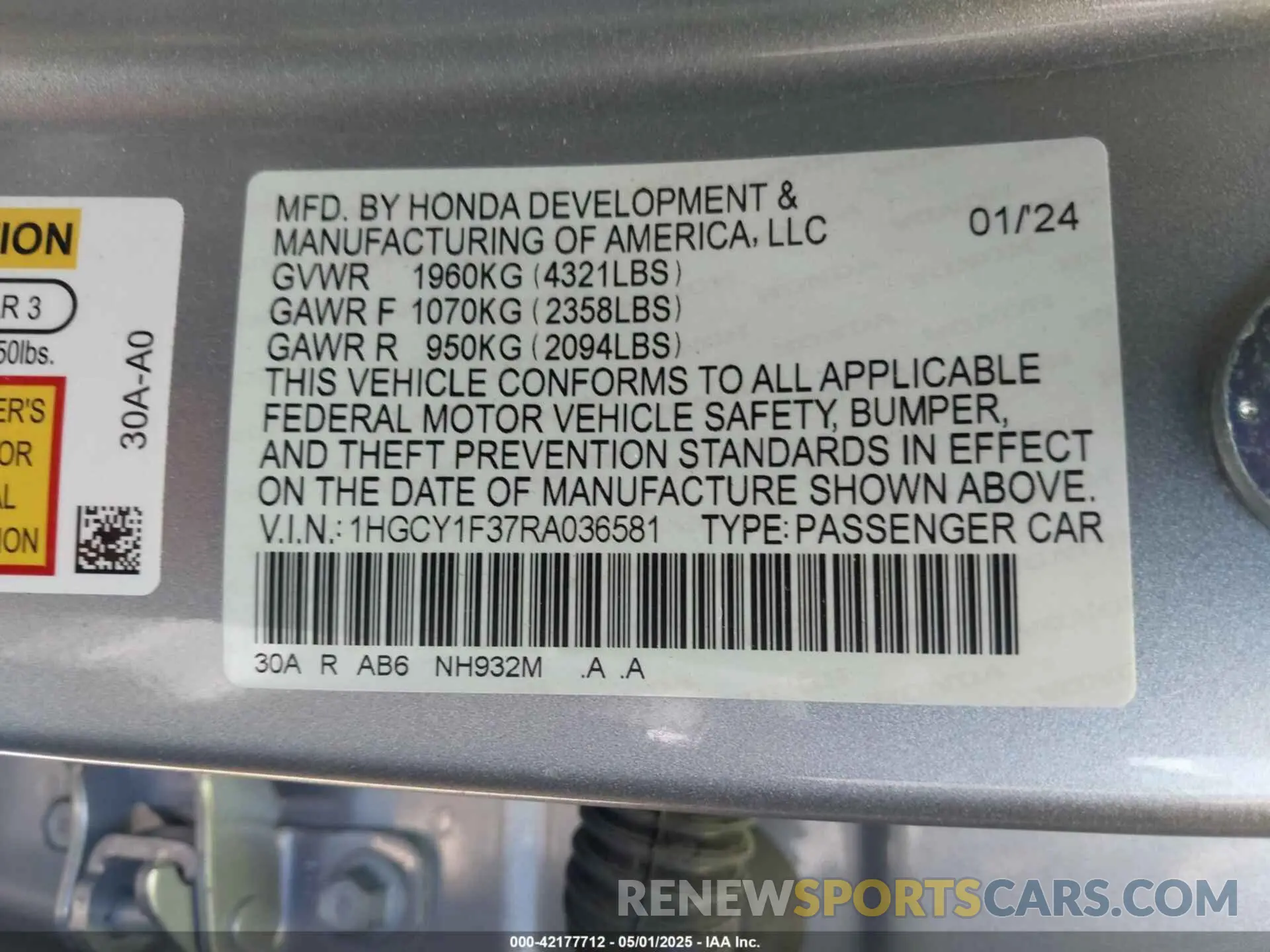 9 Photograph of a damaged car 1HGCY1F37RA036581 HONDA ACCORD 2024