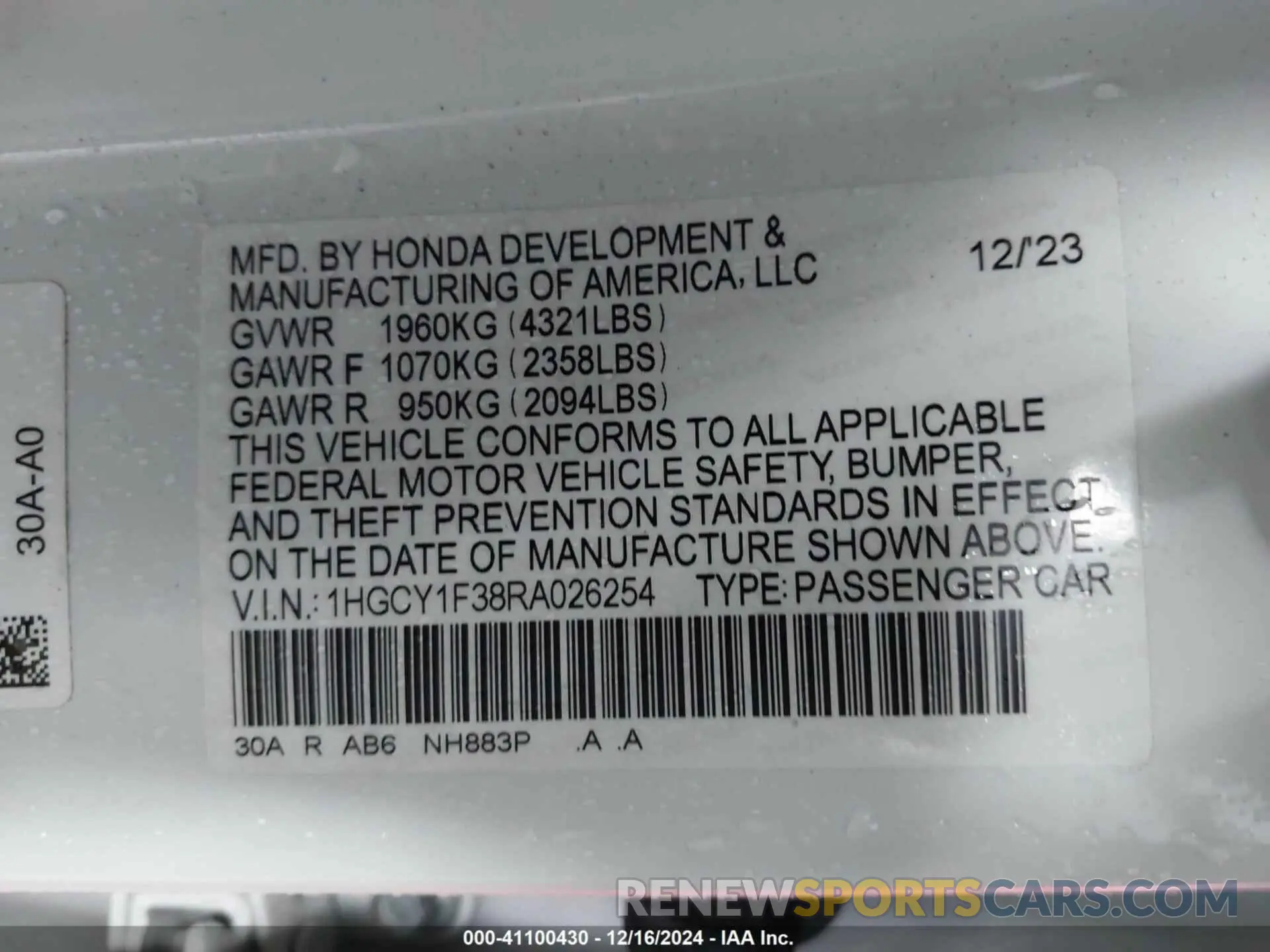 9 Photograph of a damaged car 1HGCY1F38RA026254 HONDA ACCORD 2024
