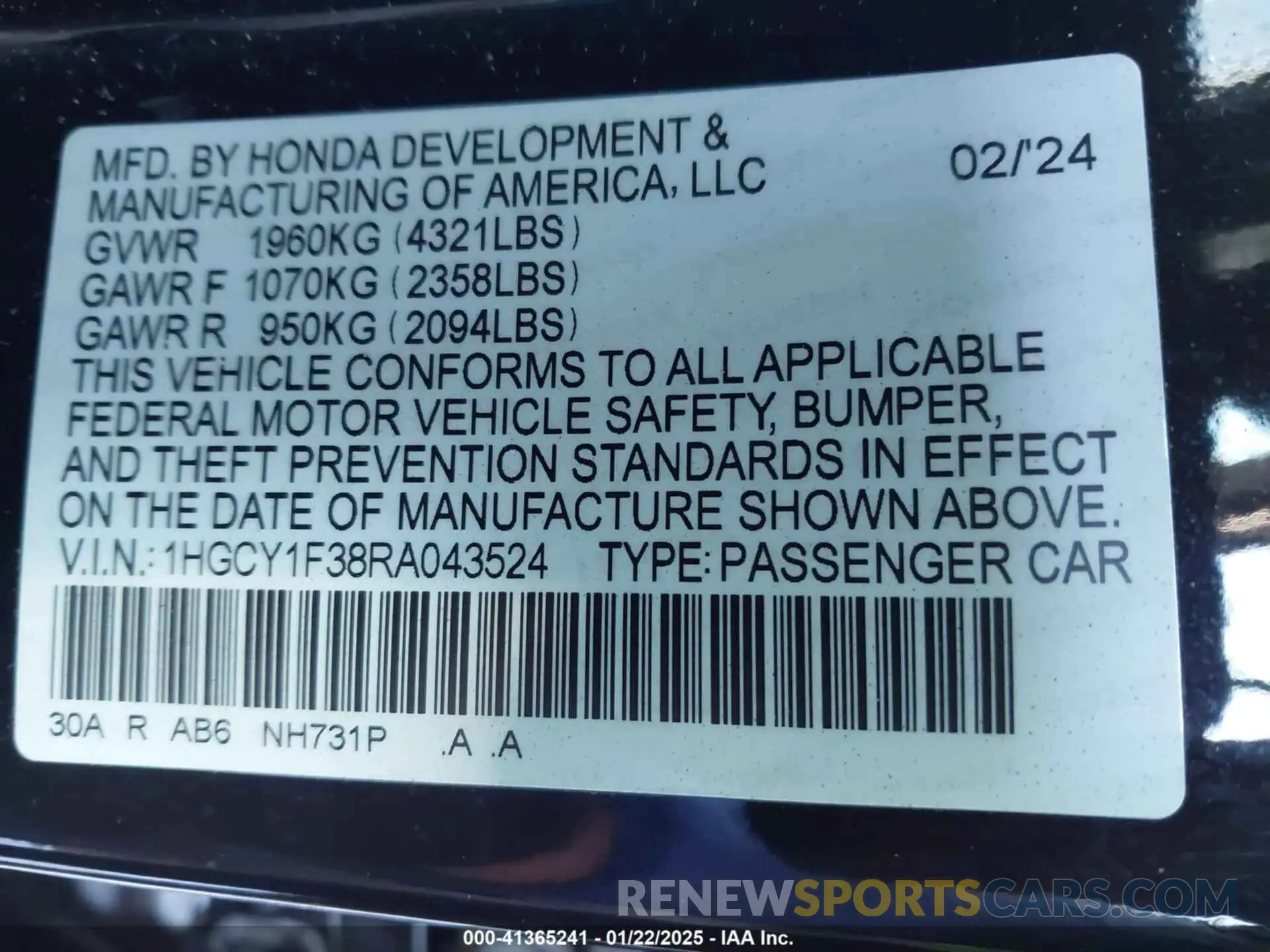 9 Photograph of a damaged car 1HGCY1F38RA043524 HONDA ACCORD 2024