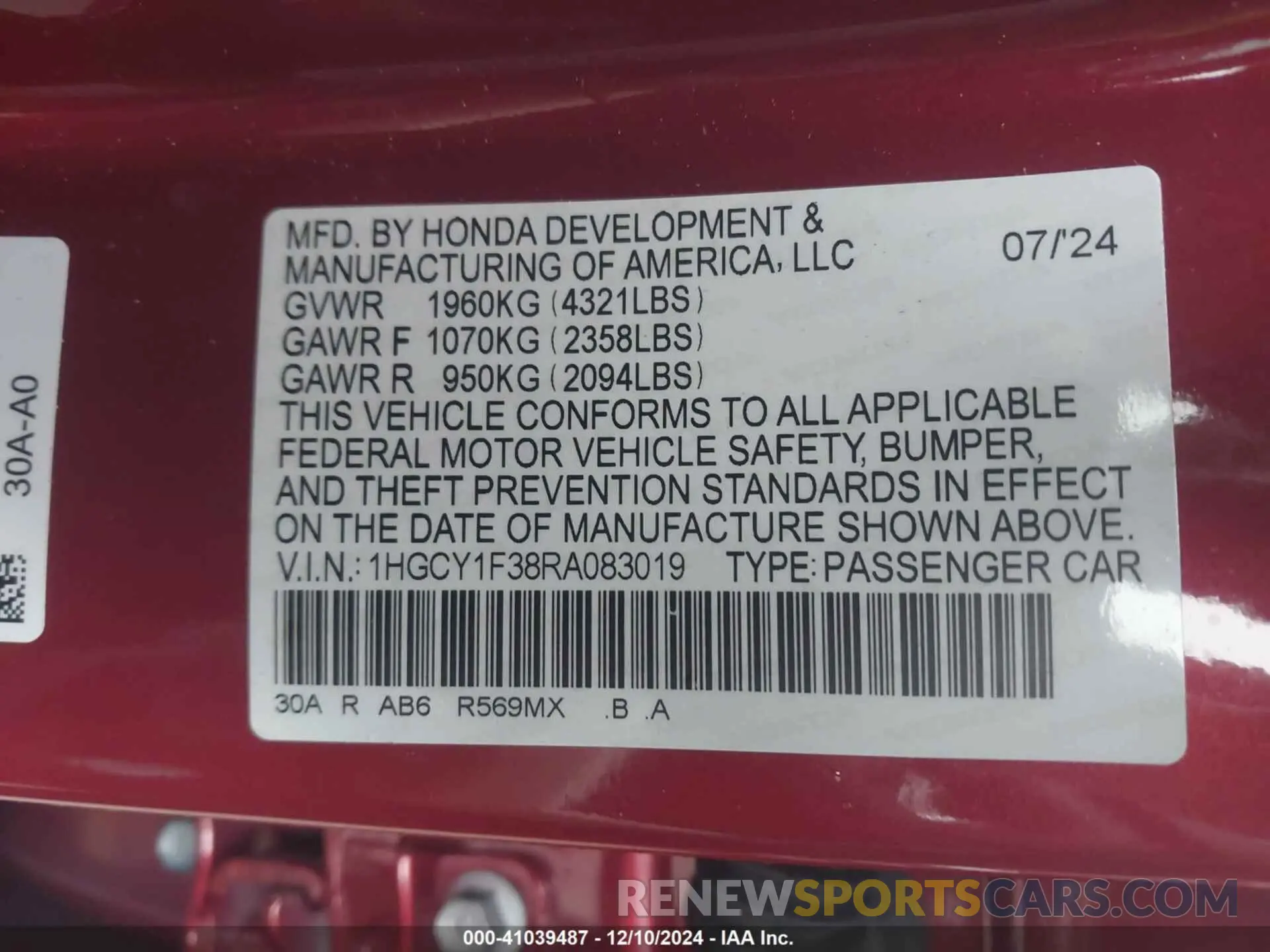 9 Photograph of a damaged car 1HGCY1F38RA083019 HONDA ACCORD 2024