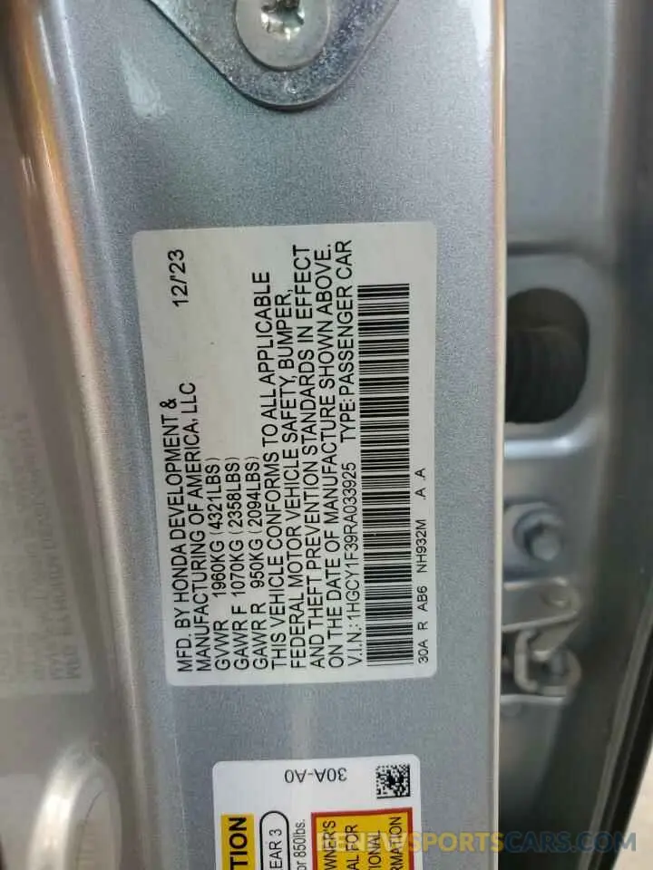 12 Photograph of a damaged car 1HGCY1F39RA033925 HONDA ACCORD 2024