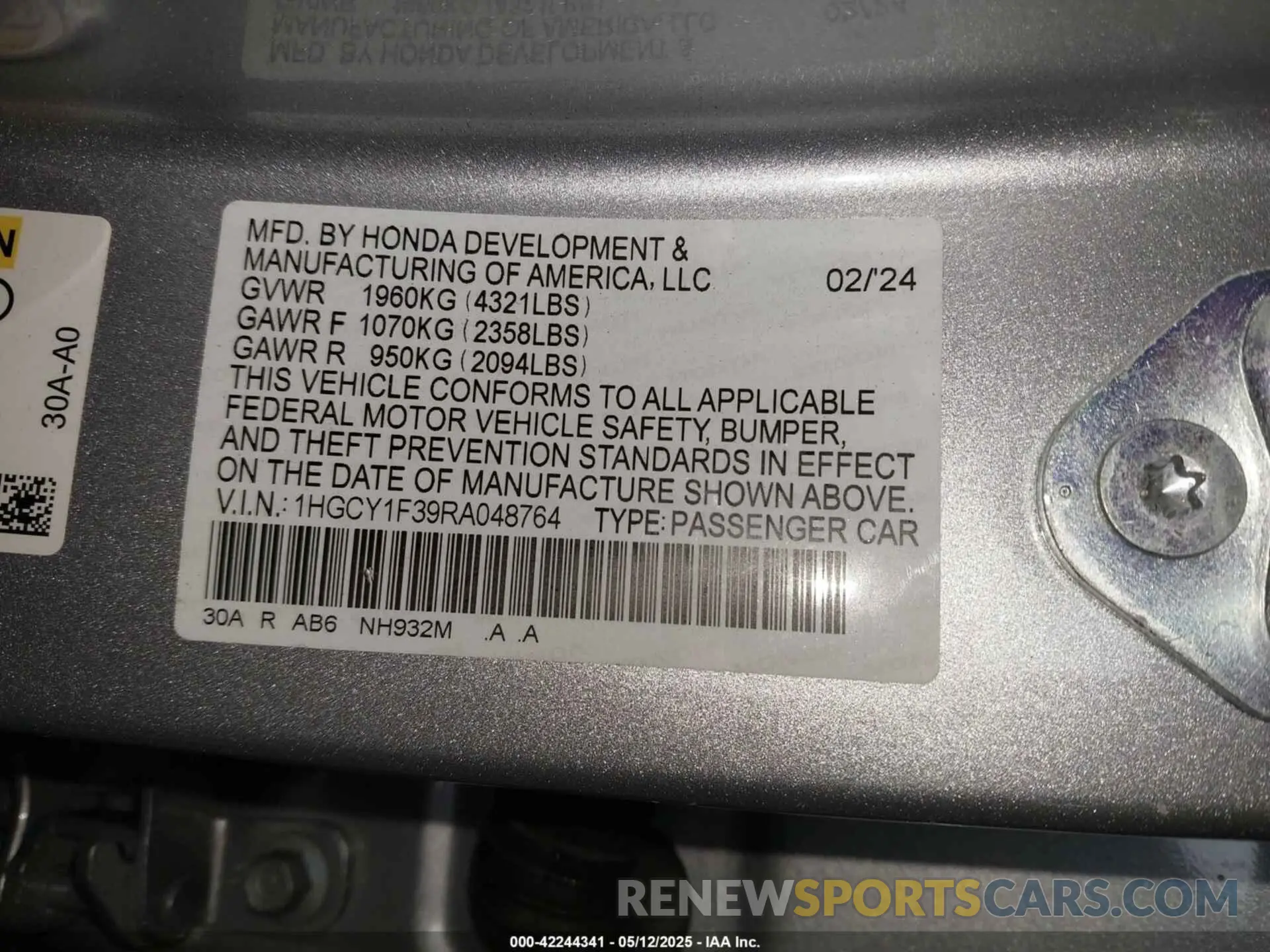 9 Photograph of a damaged car 1HGCY1F39RA048764 HONDA ACCORD 2024