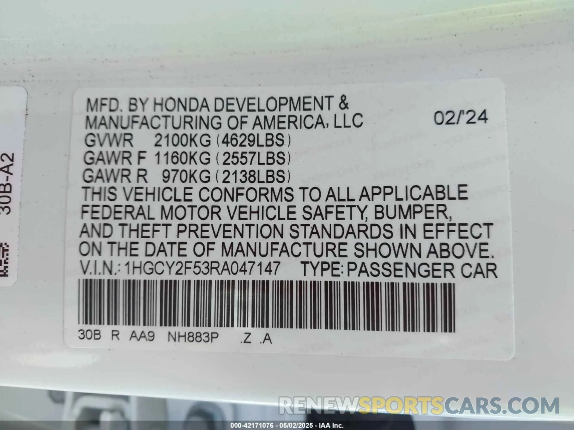 9 Photograph of a damaged car 1HGCY2F53RA047147 HONDA ACCORD 2024
