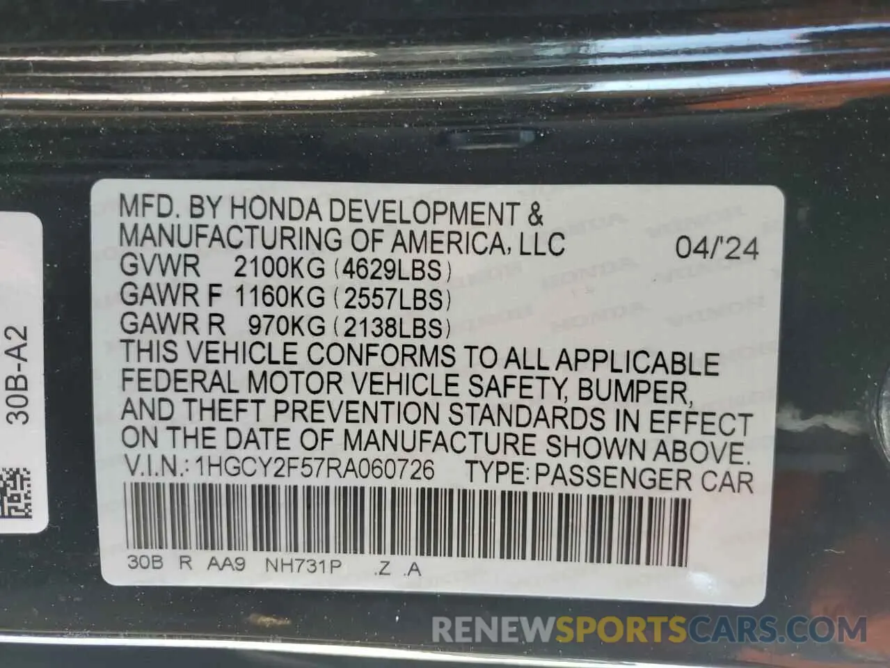 14 Photograph of a damaged car 1HGCY2F57RA060726 HONDA ACCORD 2024