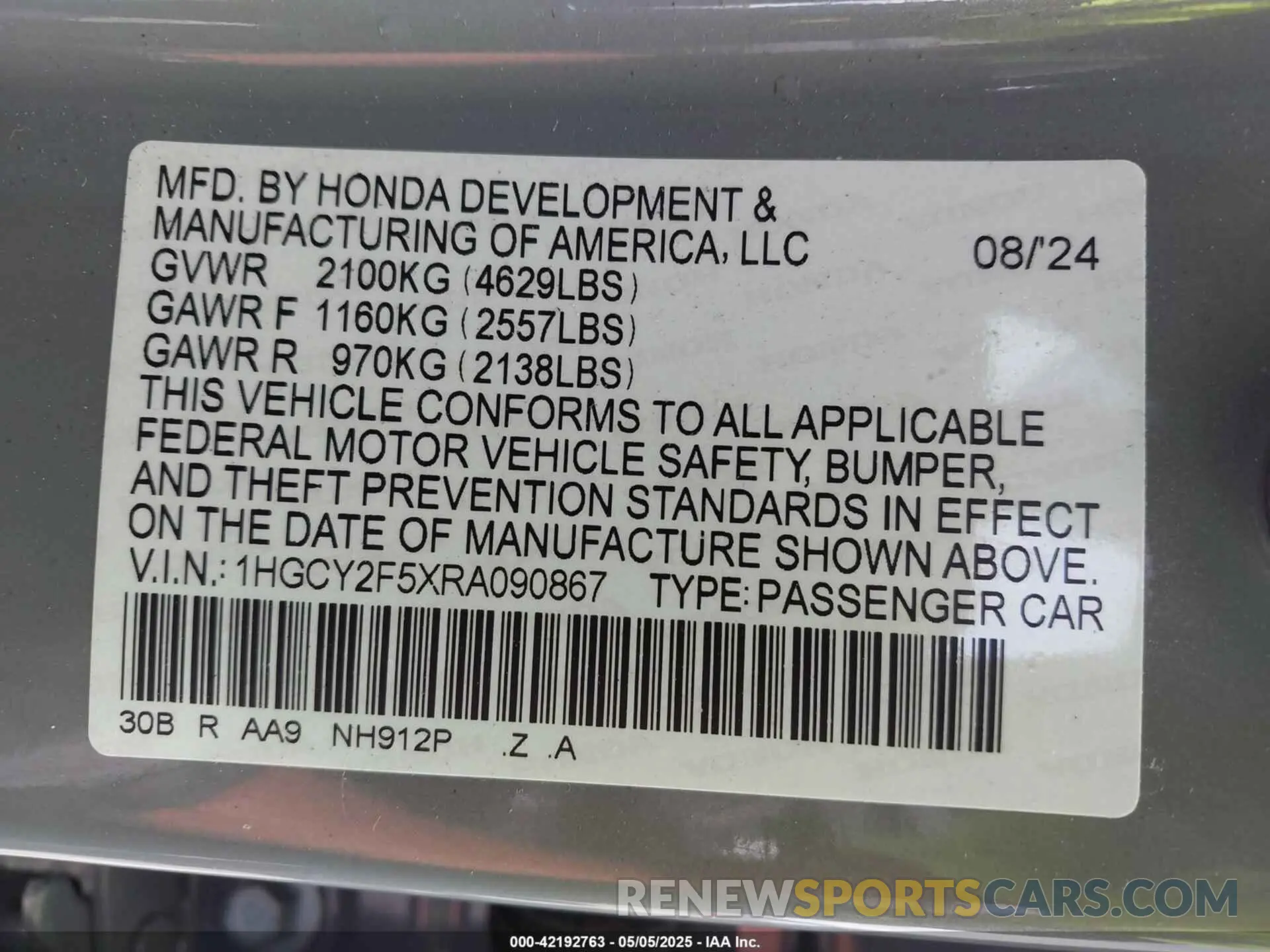 9 Photograph of a damaged car 1HGCY2F5XRA090867 HONDA ACCORD 2024