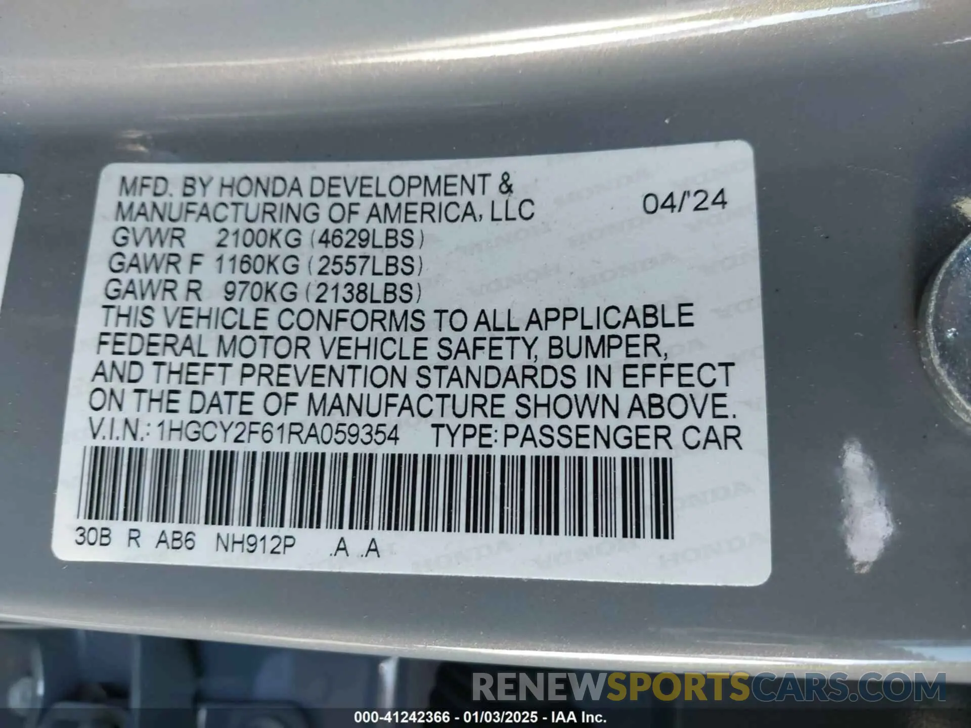 9 Photograph of a damaged car 1HGCY2F61RA059354 HONDA ACCORD 2024