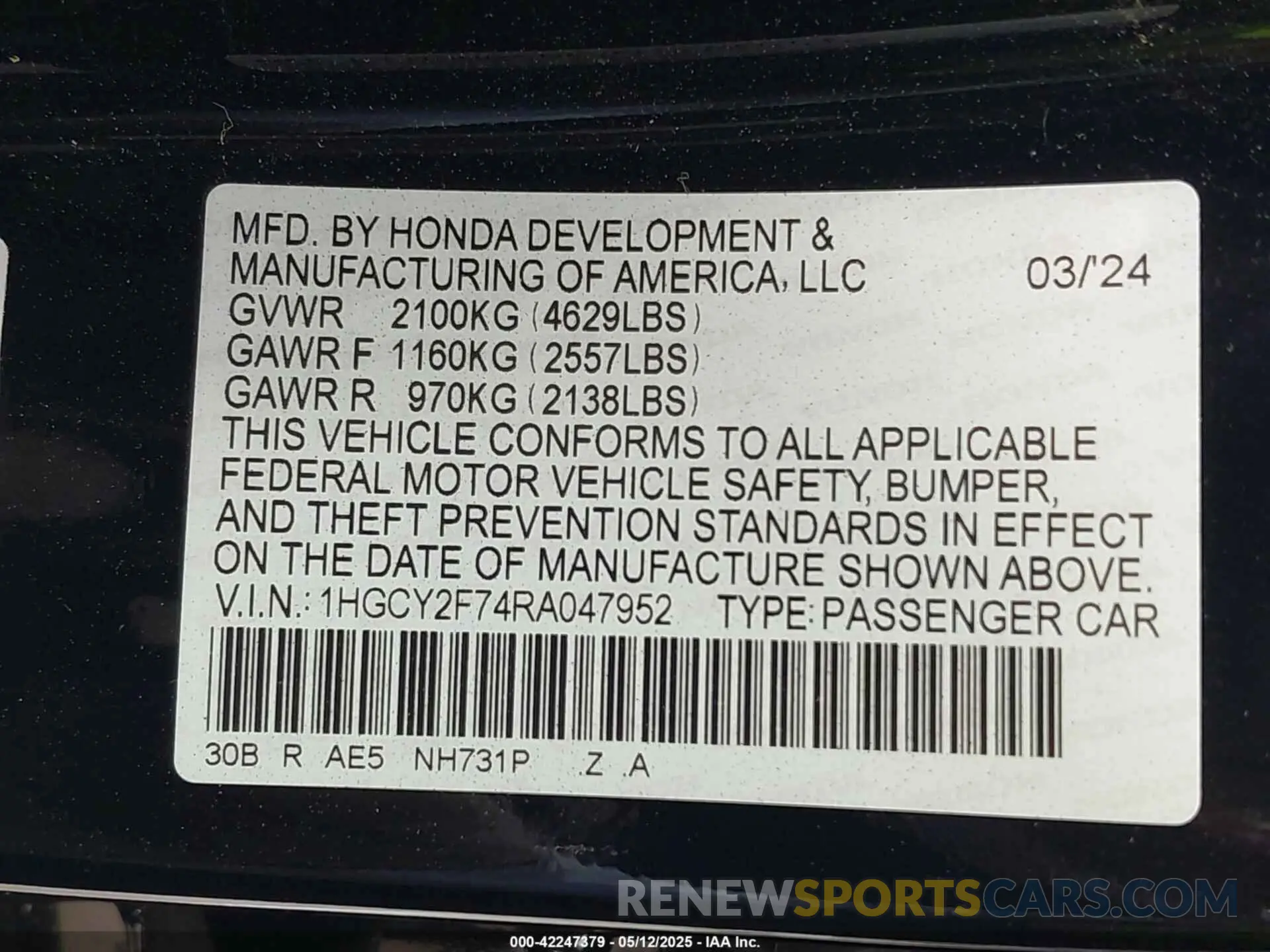 9 Photograph of a damaged car 1HGCY2F74RA047952 HONDA ACCORD 2024