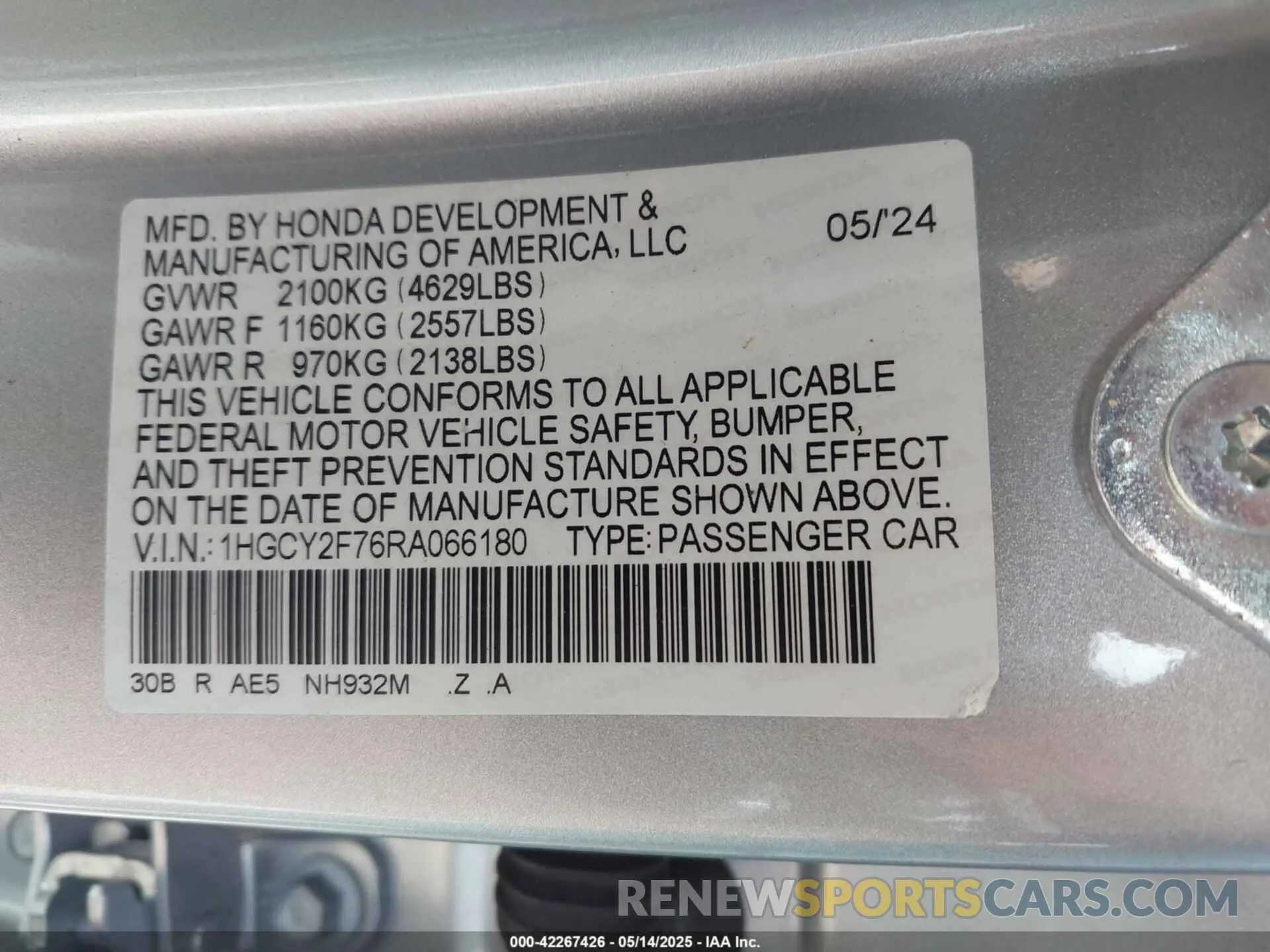 9 Photograph of a damaged car 1HGCY2F76RA066180 HONDA ACCORD 2024