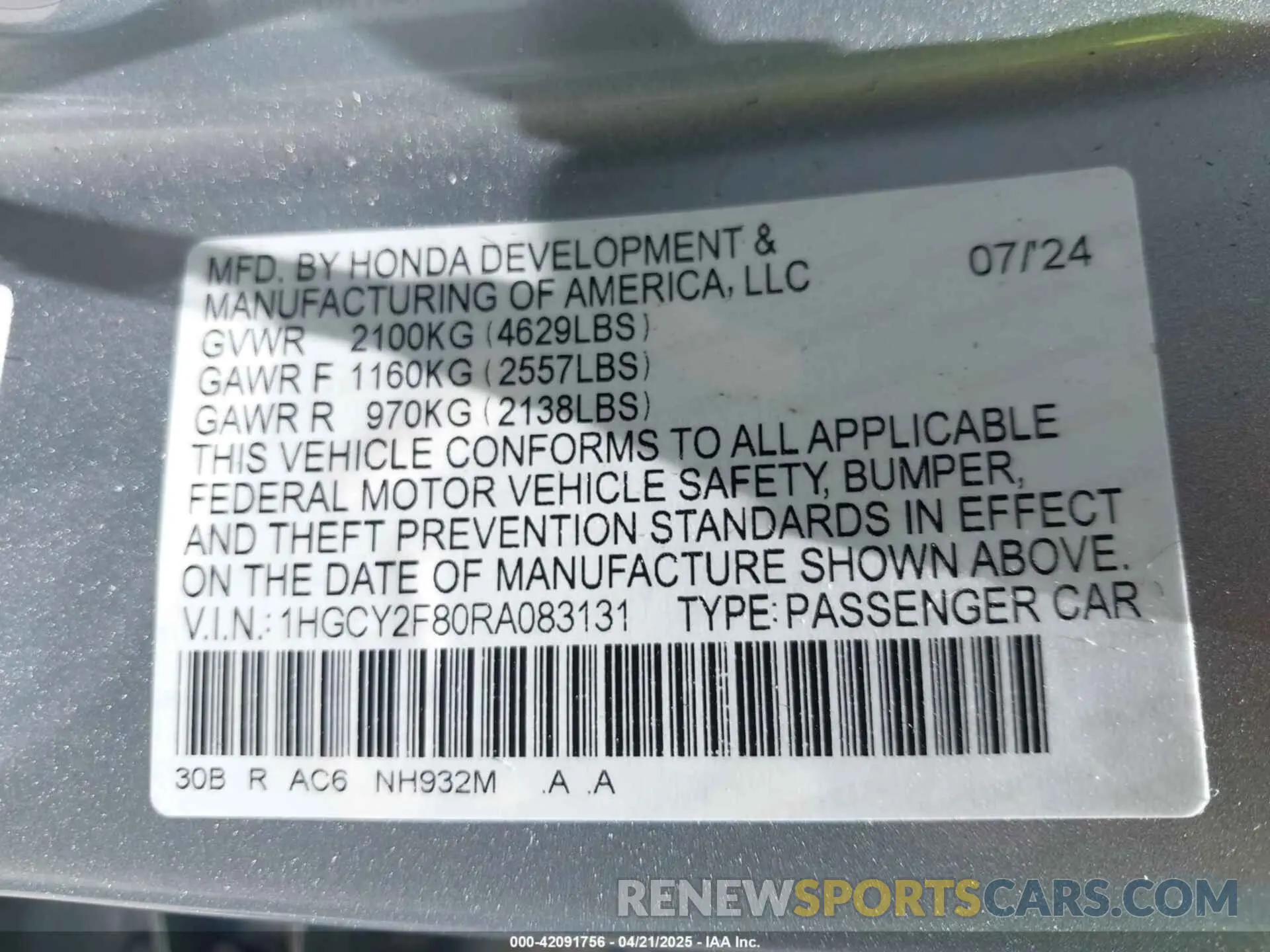9 Photograph of a damaged car 1HGCY2F80RA083131 HONDA ACCORD 2024