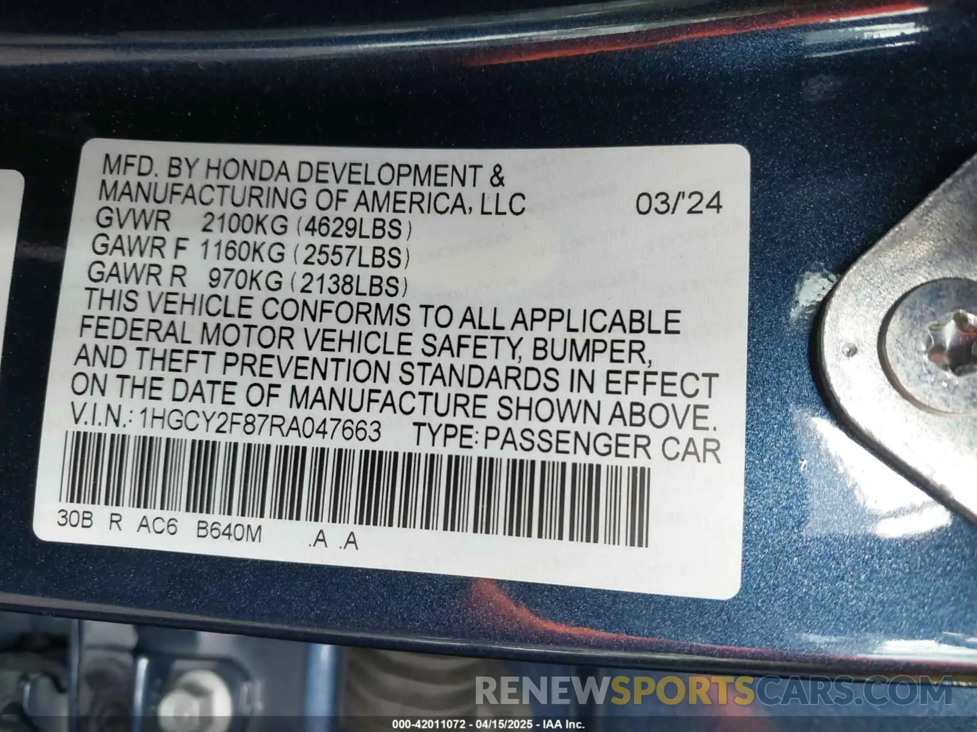 9 Photograph of a damaged car 1HGCY2F87RA047663 HONDA ACCORD 2024