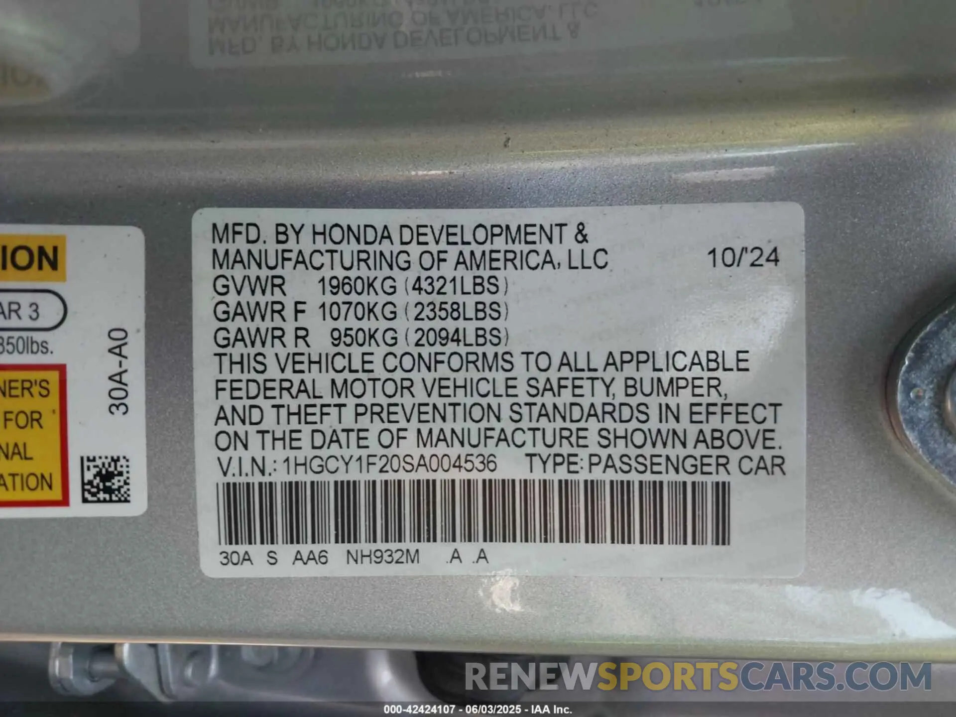 9 Photograph of a damaged car 1HGCY1F20SA004536 HONDA ACCORD 2025