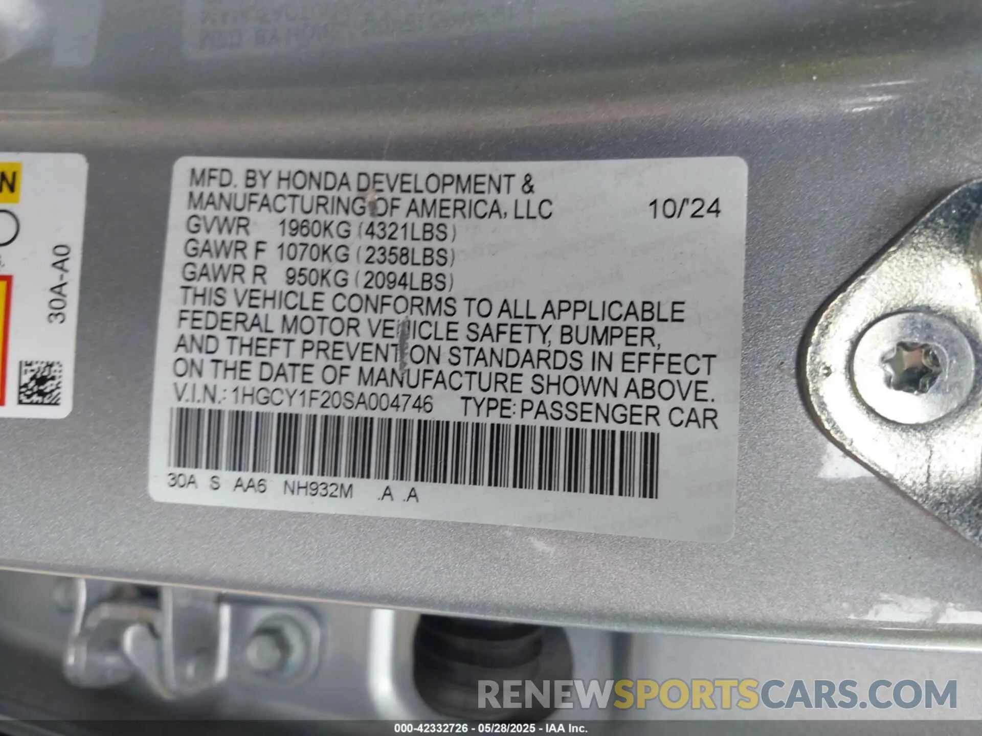 9 Photograph of a damaged car 1HGCY1F20SA004746 HONDA ACCORD 2025