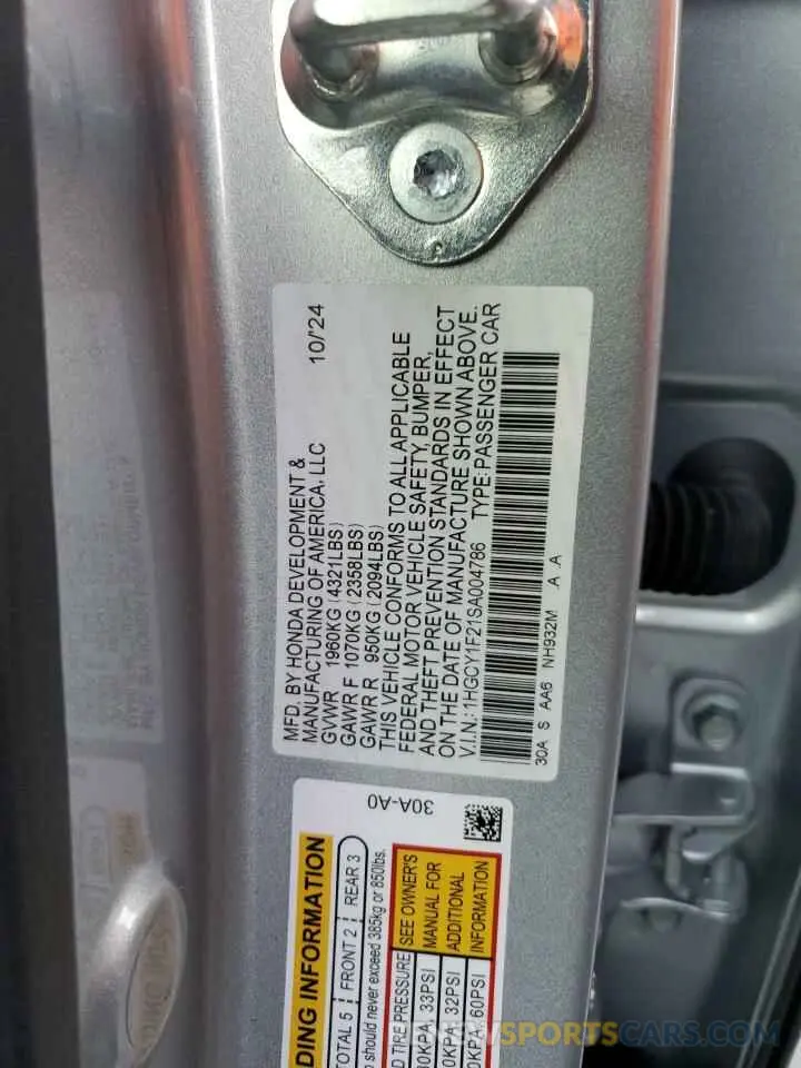 15 Photograph of a damaged car 1HGCY1F21SA004786 HONDA ACCORD 2025